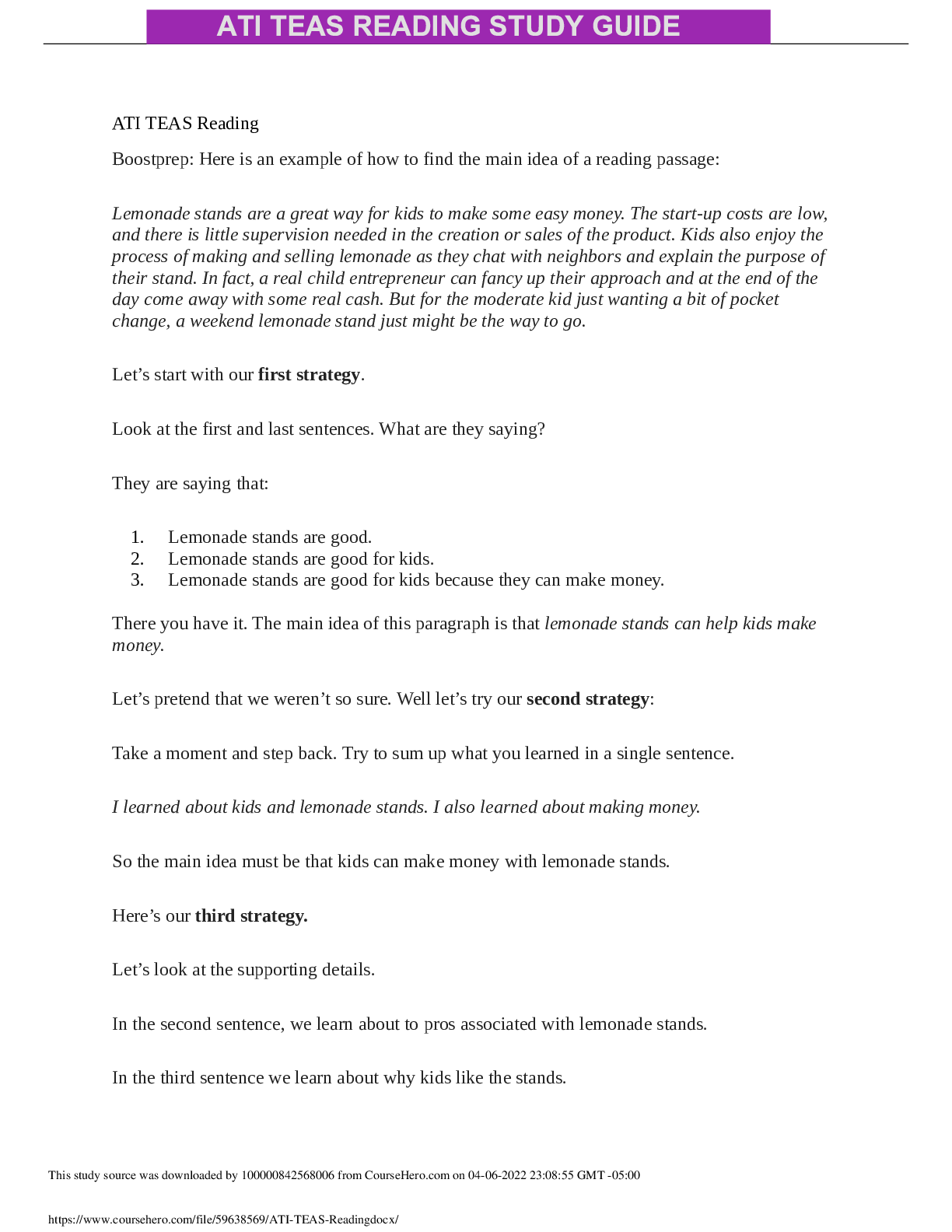 Preview of ATI TEAS READING STUDY GUIDE