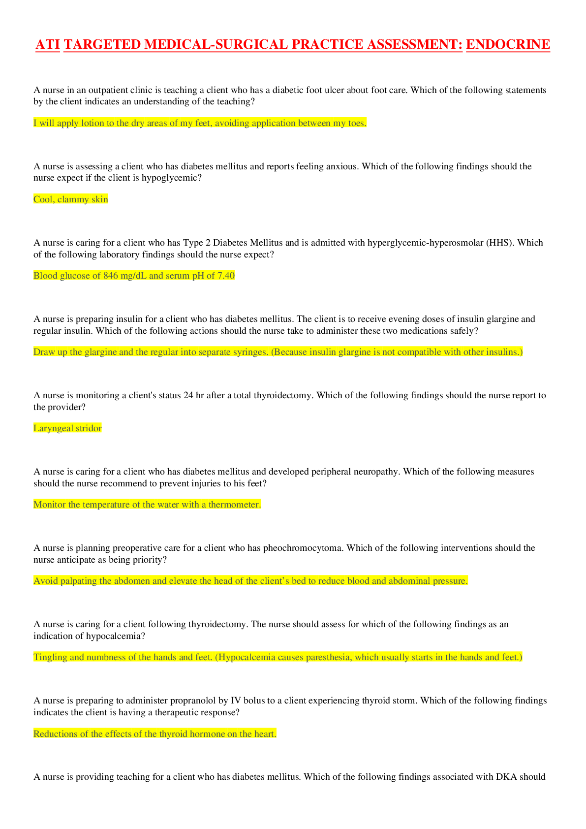 Preview image for ATI Targeted Medical-Surgical Assessment: Endocrine, Musculoskeletal ,Calculations: Dosage By Weight, Calculations: Parenteral IV Medications, ATI Learning System RN: Fundamentals Final Quiz : (answered) complete solution_2020.