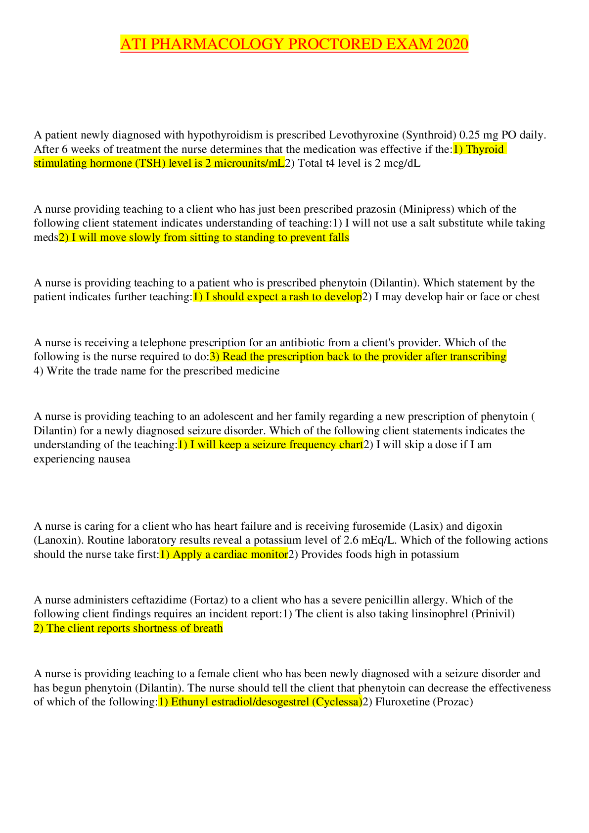 Preview image for ATI  PHARMACOLOGY PROCTORED EXAM 2020