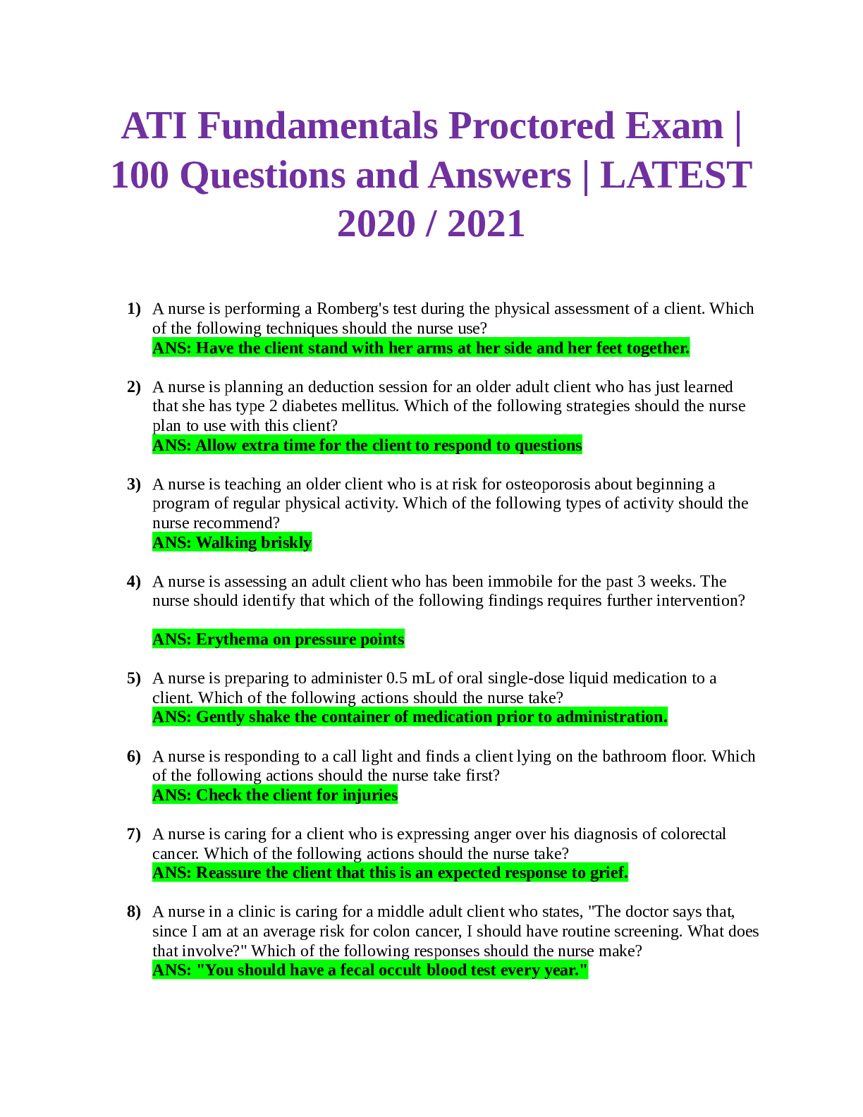 Preview of ATI Fundamentals Proctored Exam Guide 2020/2021