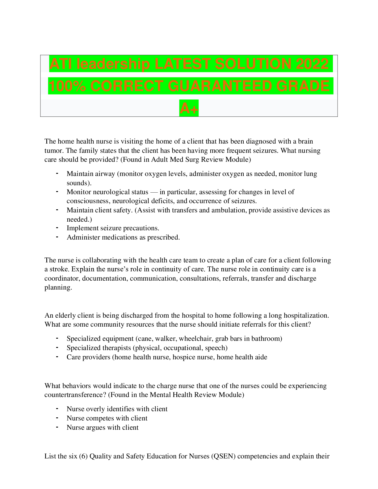 Preview of ATI leadership LATEST SOLUTION 2022 100% CORRECT GUARANTEED GRADE A+