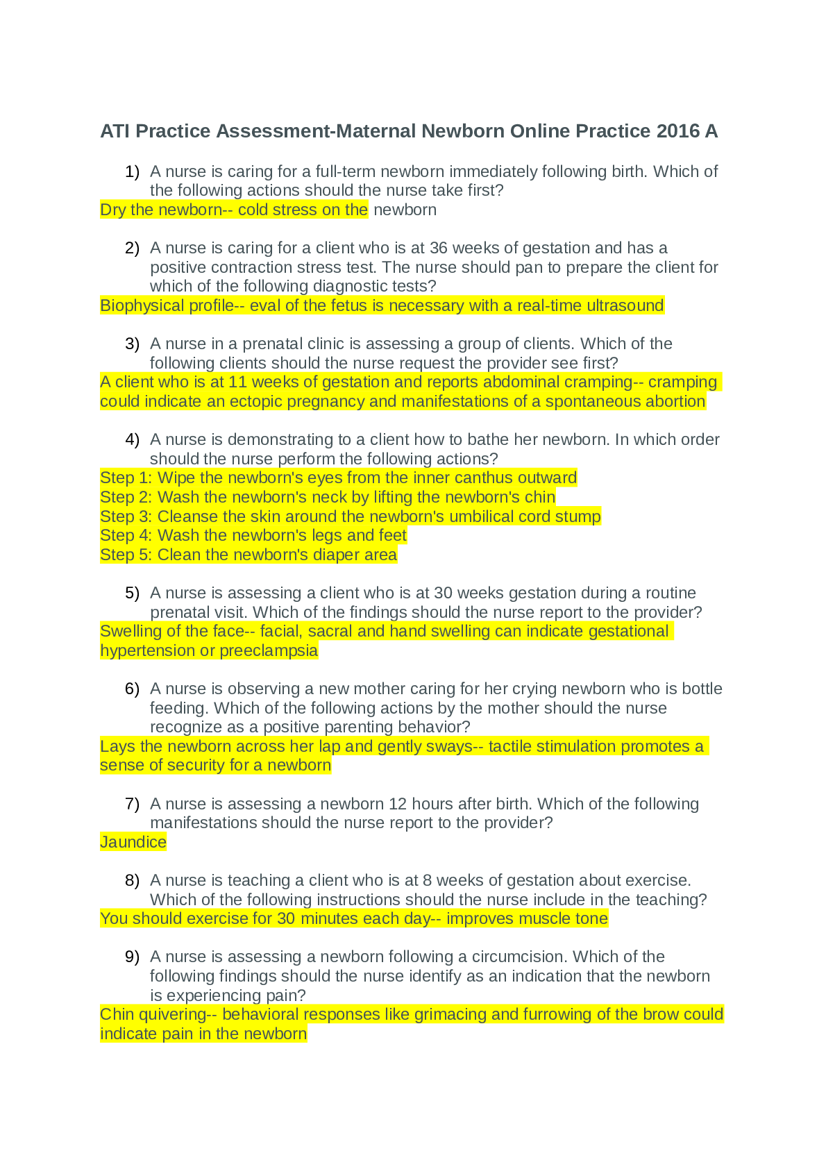 Preview image for ATI Practice Assessment-Maternal Newborn combine A and B 2016  questions and answers solutions
