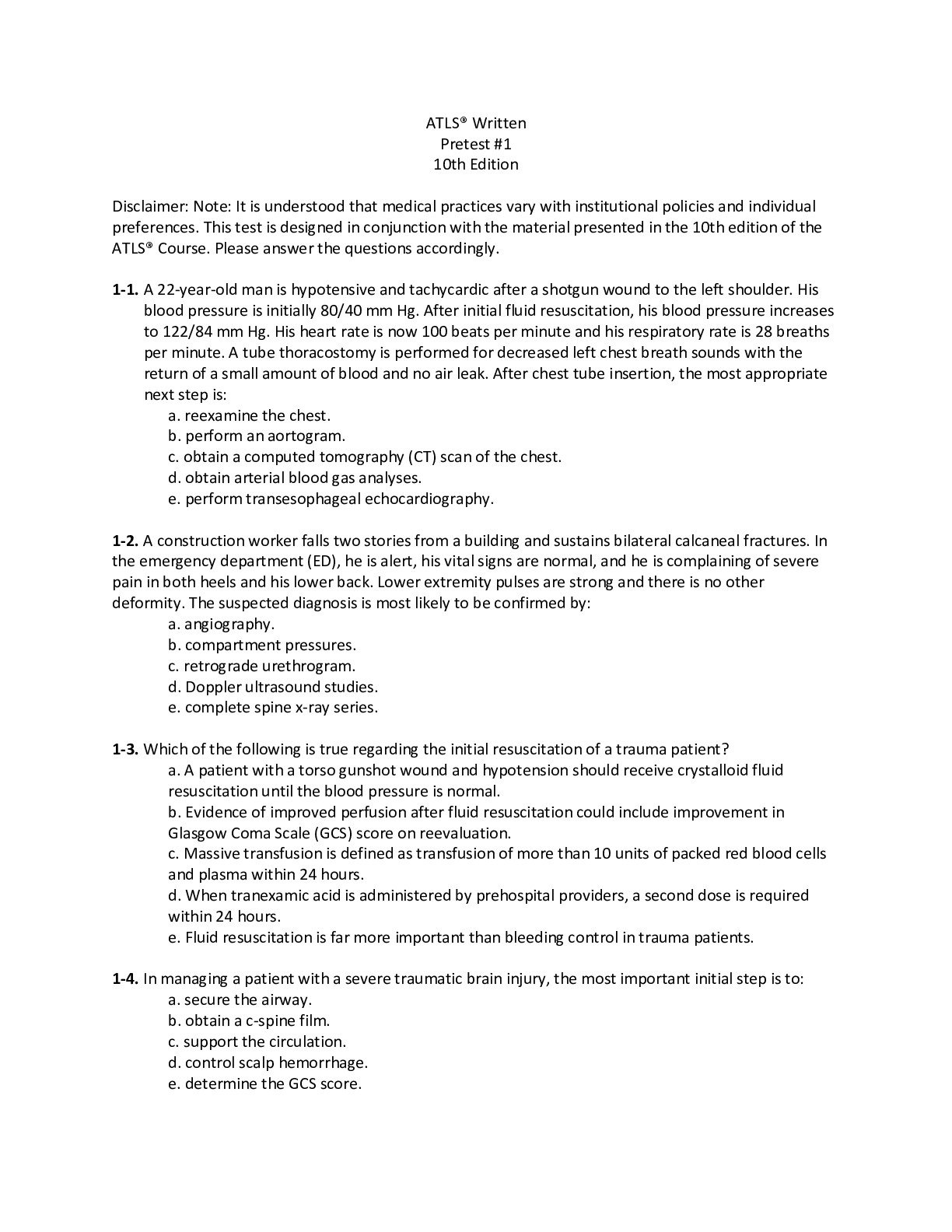 Preview image for ATLS® Written Pretest #1 10th Edition