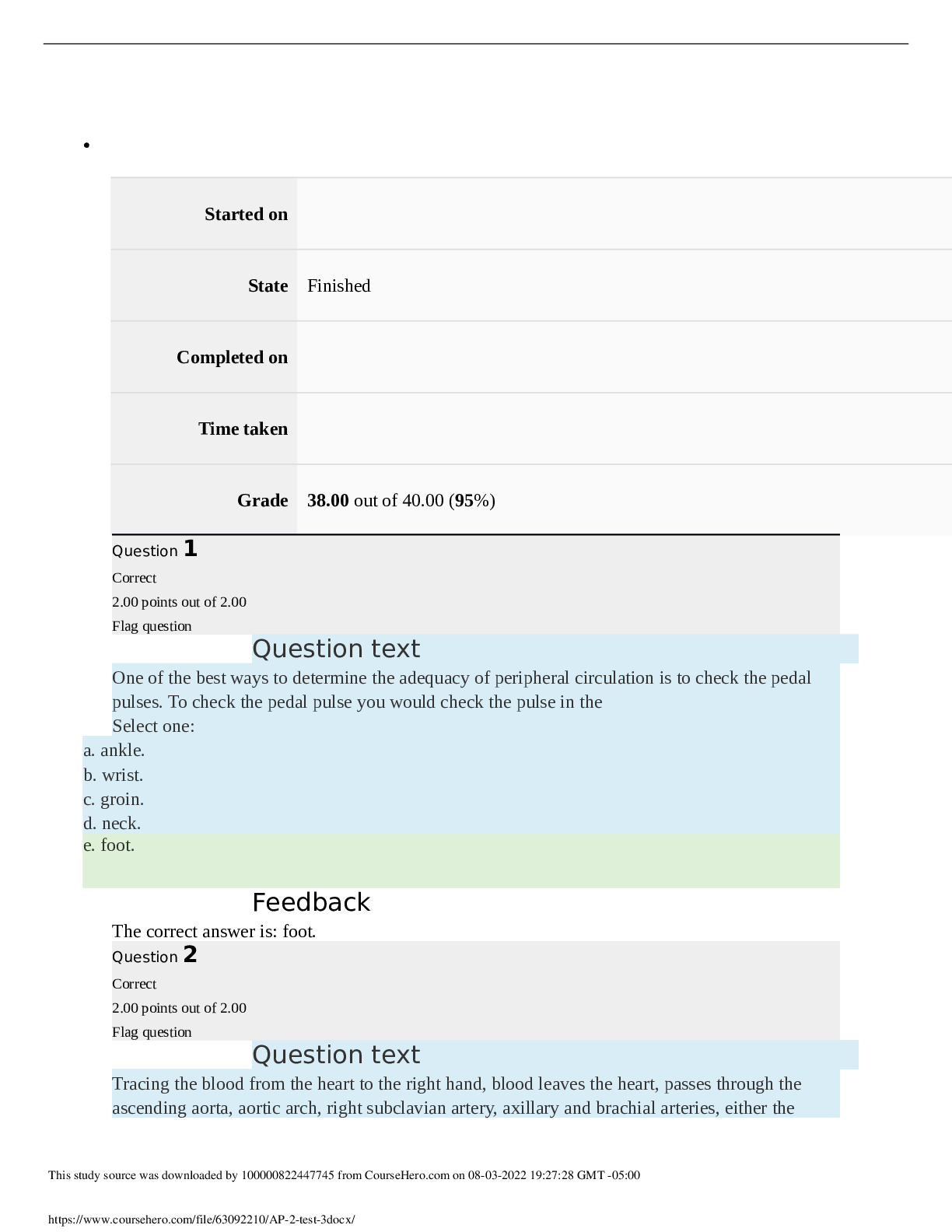 Preview image for Straighterline AP2 202 Anatomy & Physiology 2 A&P 2 test 3 Grade 38.00 out of 40.00 (95%)