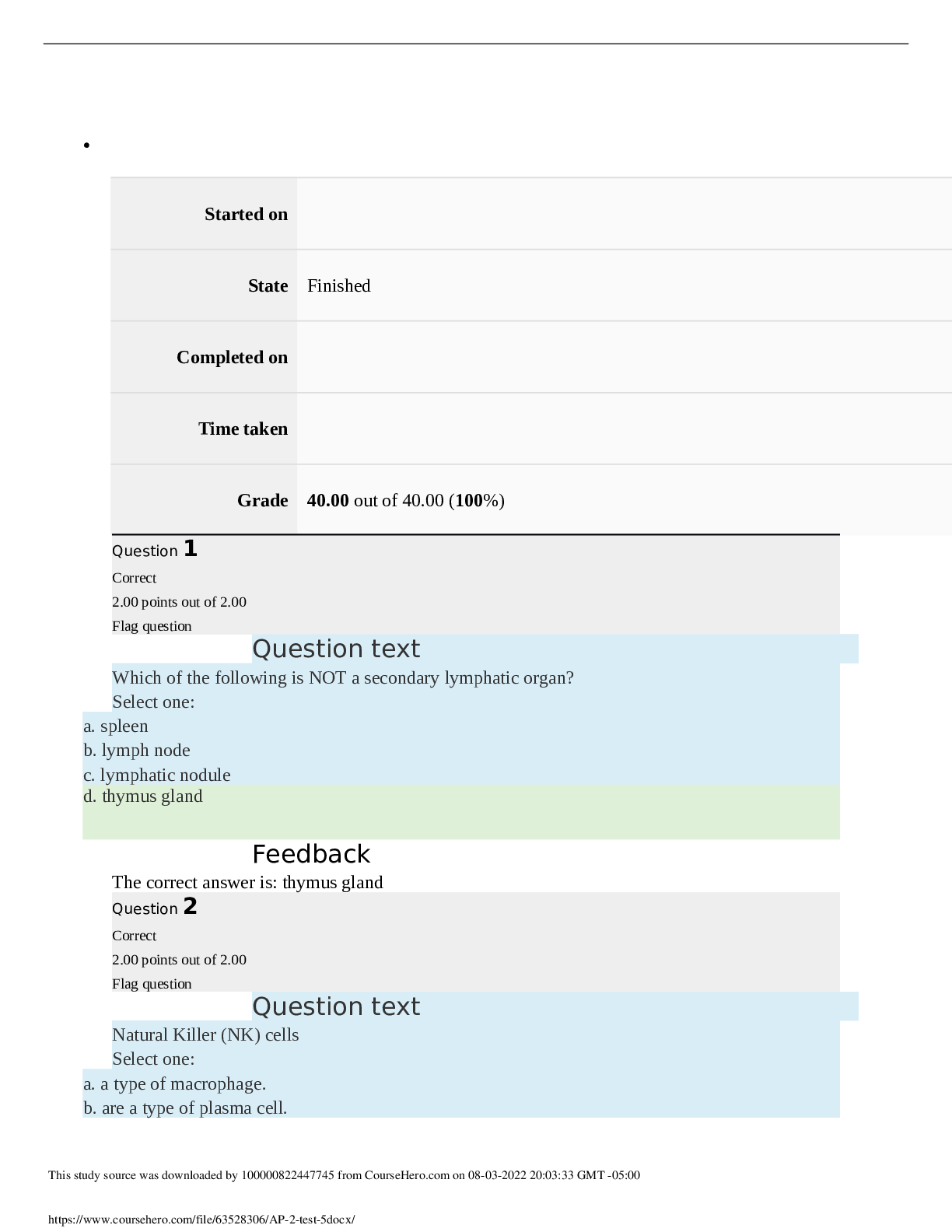 Preview image for Straighterline AP2 202 Anatomy & Physiology 2 A&P 2 A&P 2 test 5 Grade 40.00 out of 40.00 (100%)