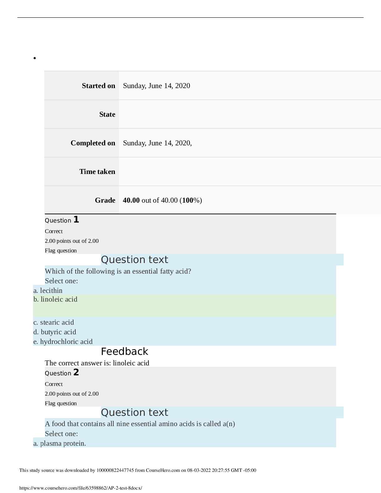 Preview image for Straighterline AP2 202 Anatomy & Physiology 2 A&P 2 Test 8 Grade 40.00 out of 40.00 (100%)
