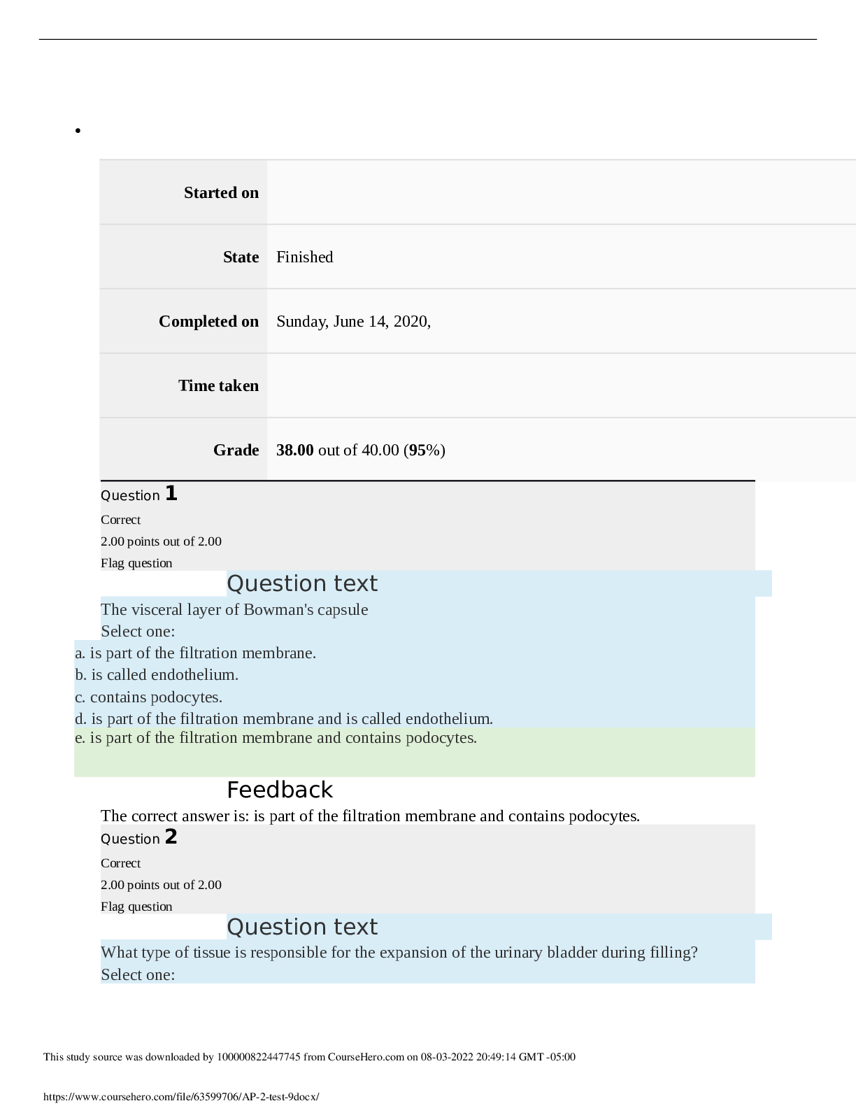 Preview image for Straighterline AP2 202 Anatomy & Physiology 2 A&P 2 test 9. Grade 38.00 out of 40.00 (95%)