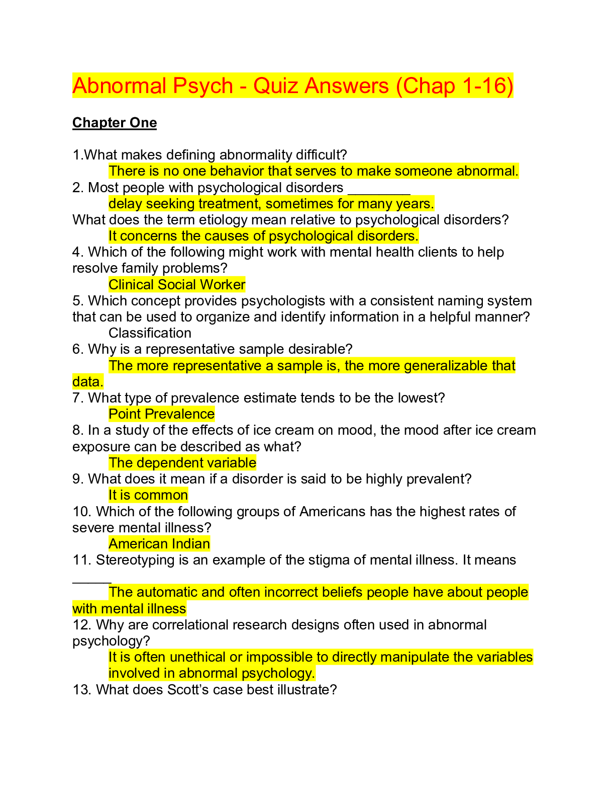 Abnormal Psych - Quiz Answers (Chap 1-16),100% CORRECT