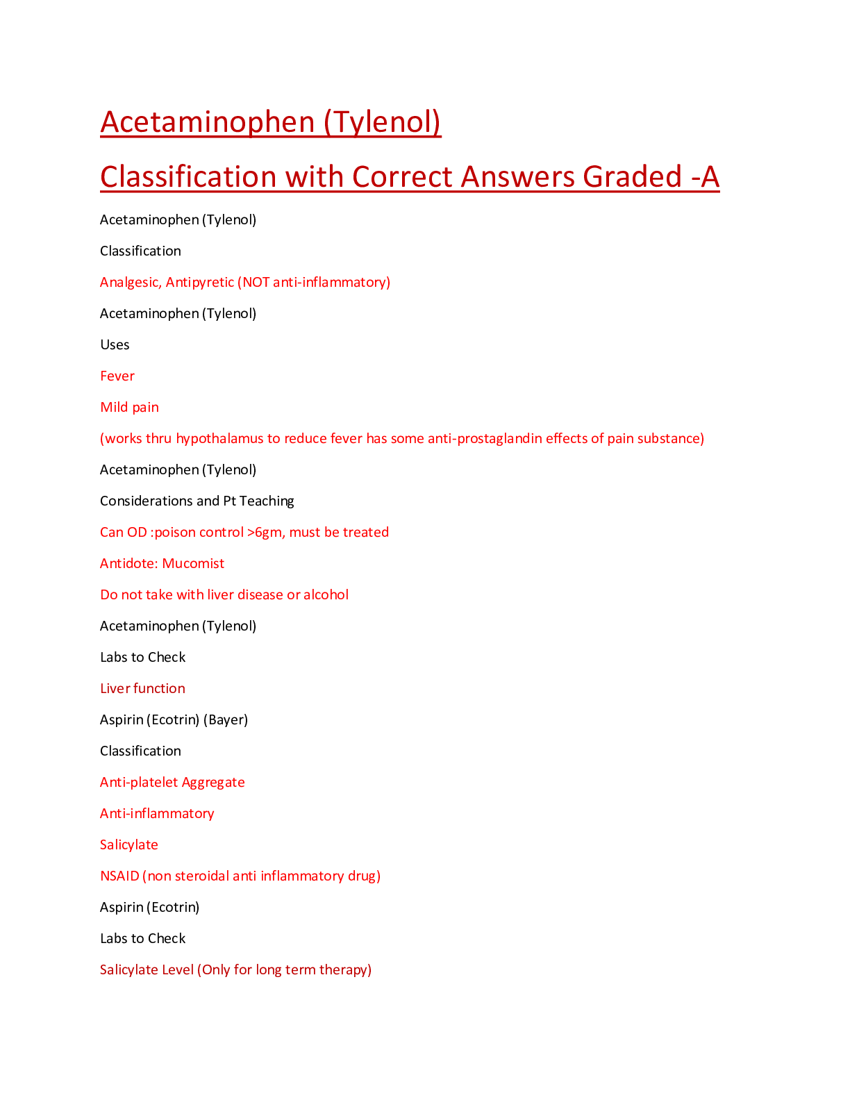 Preview image for Acetaminophen (Tylenol) Classification with Correct Answers Graded -A