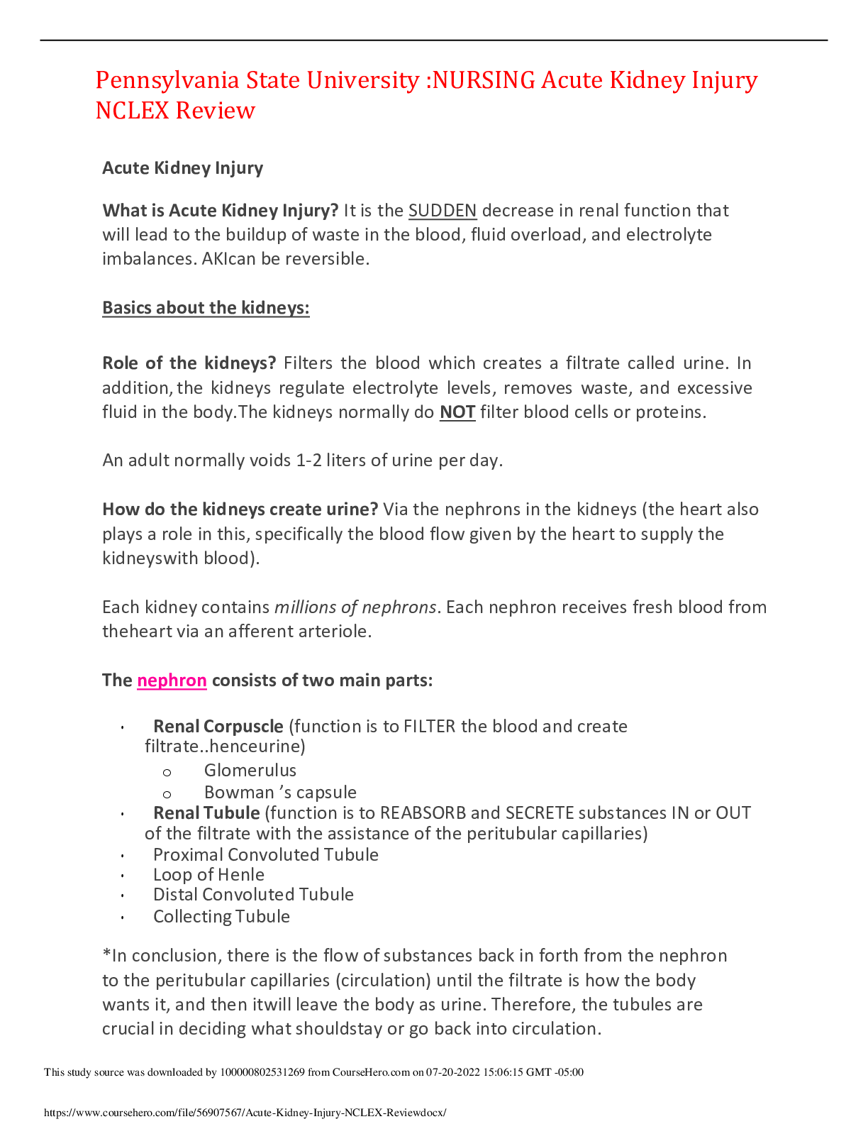 Preview image for Pennsylvania State University :NURSING Acute Kidney Injury NCLEX Review,100% CORRECT