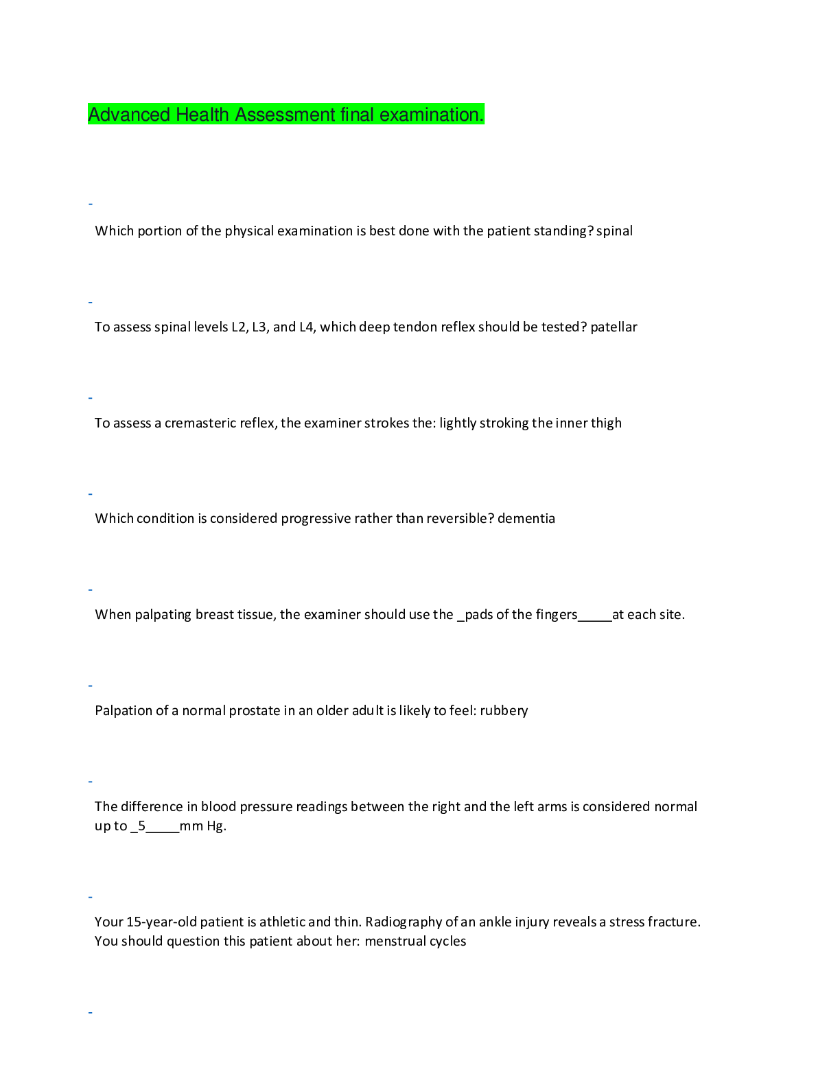 Preview image for Advanced Health Assessment final examination.