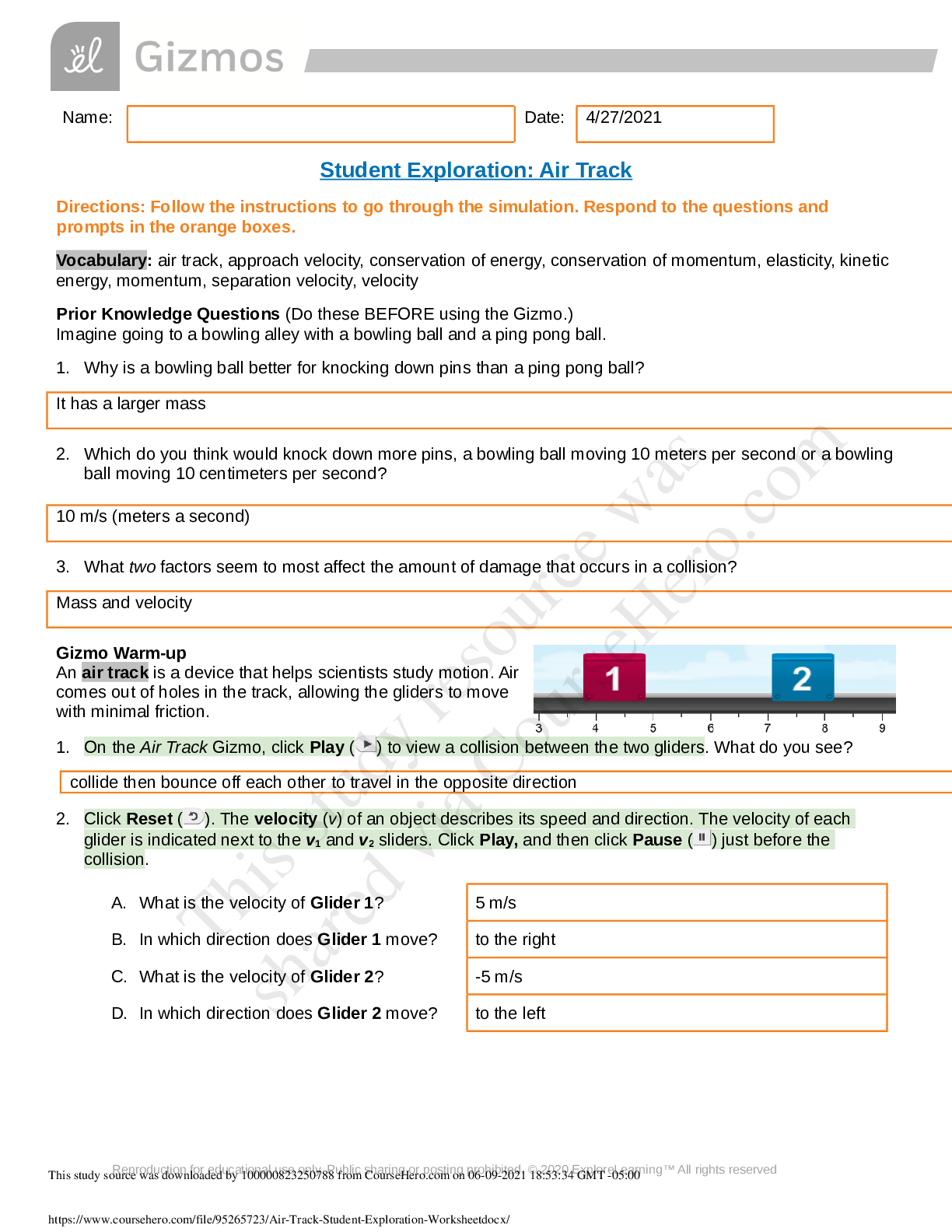 Preview image for Student Exploration: Air Track  2021 new Gizmos solutions.
