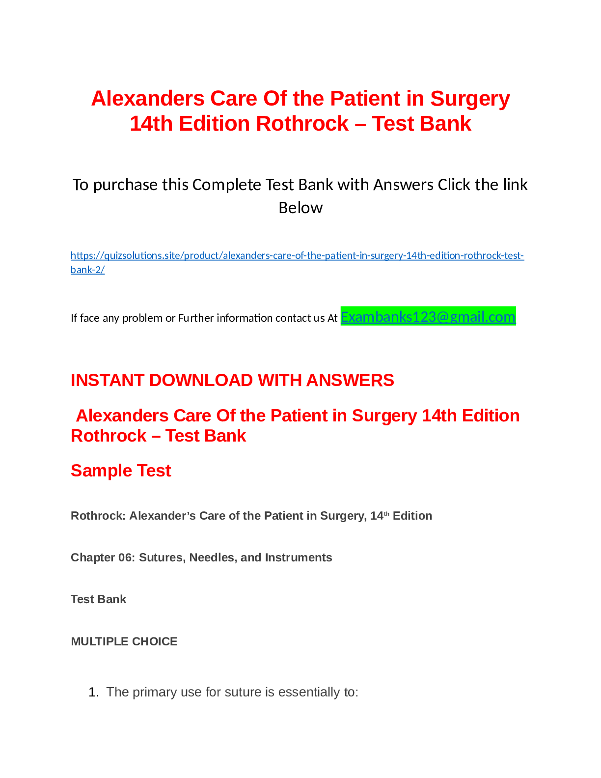 Preview image for Alexanders Care Of the Patient in Surgery 14th Edition Rothrock - Test Bank.