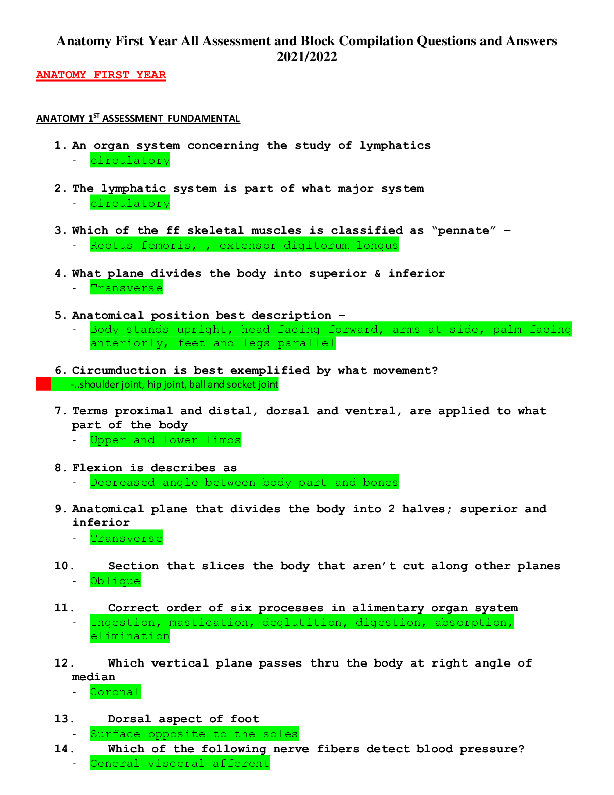 Preview image for Anatomy First Year All Assessment and Block Compilation Questions and Answers 2021/2022