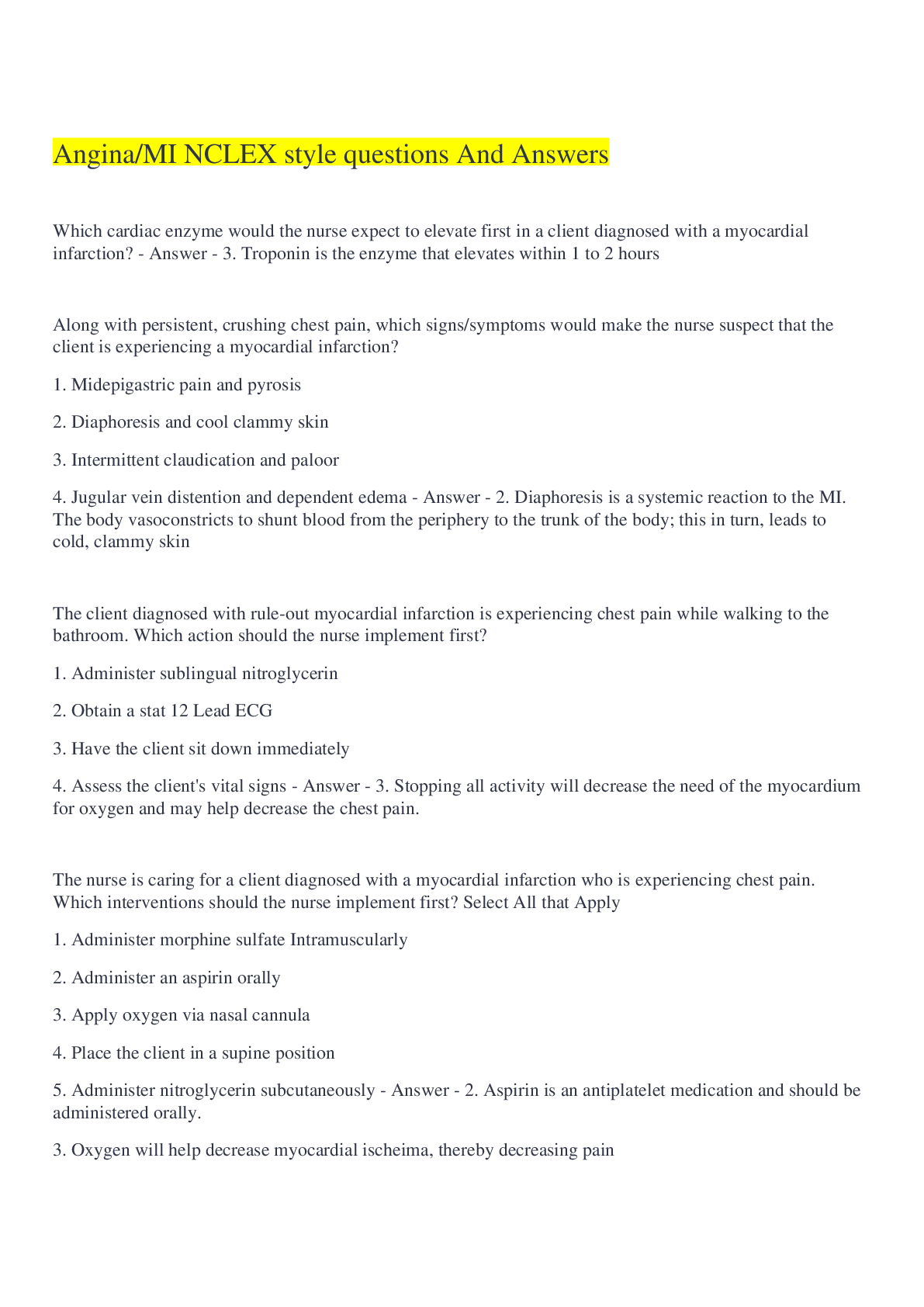 Preview image for Angina/MI NCLEX style questions And Answers 2022/2023