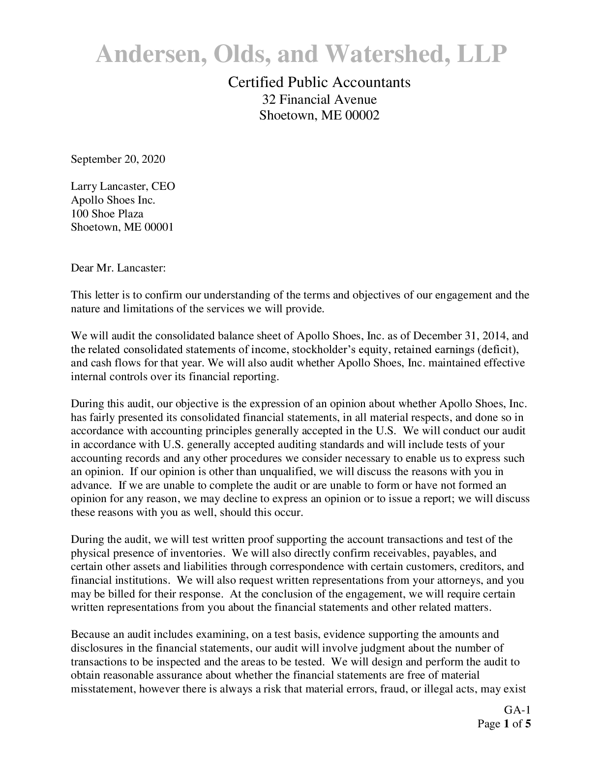 Preview image for ACCT 330Apollo shoes Engagement Letter