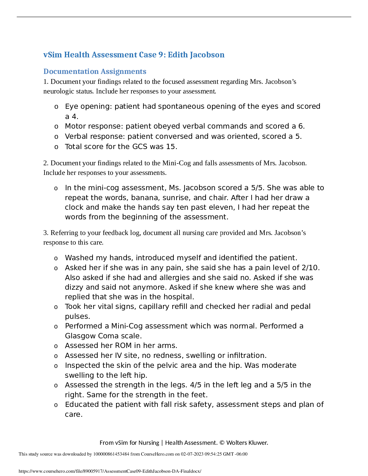 Preview image for VSim Health Assessment Case 9: Edith Jacobson Documentation Assignments | 100% Verified