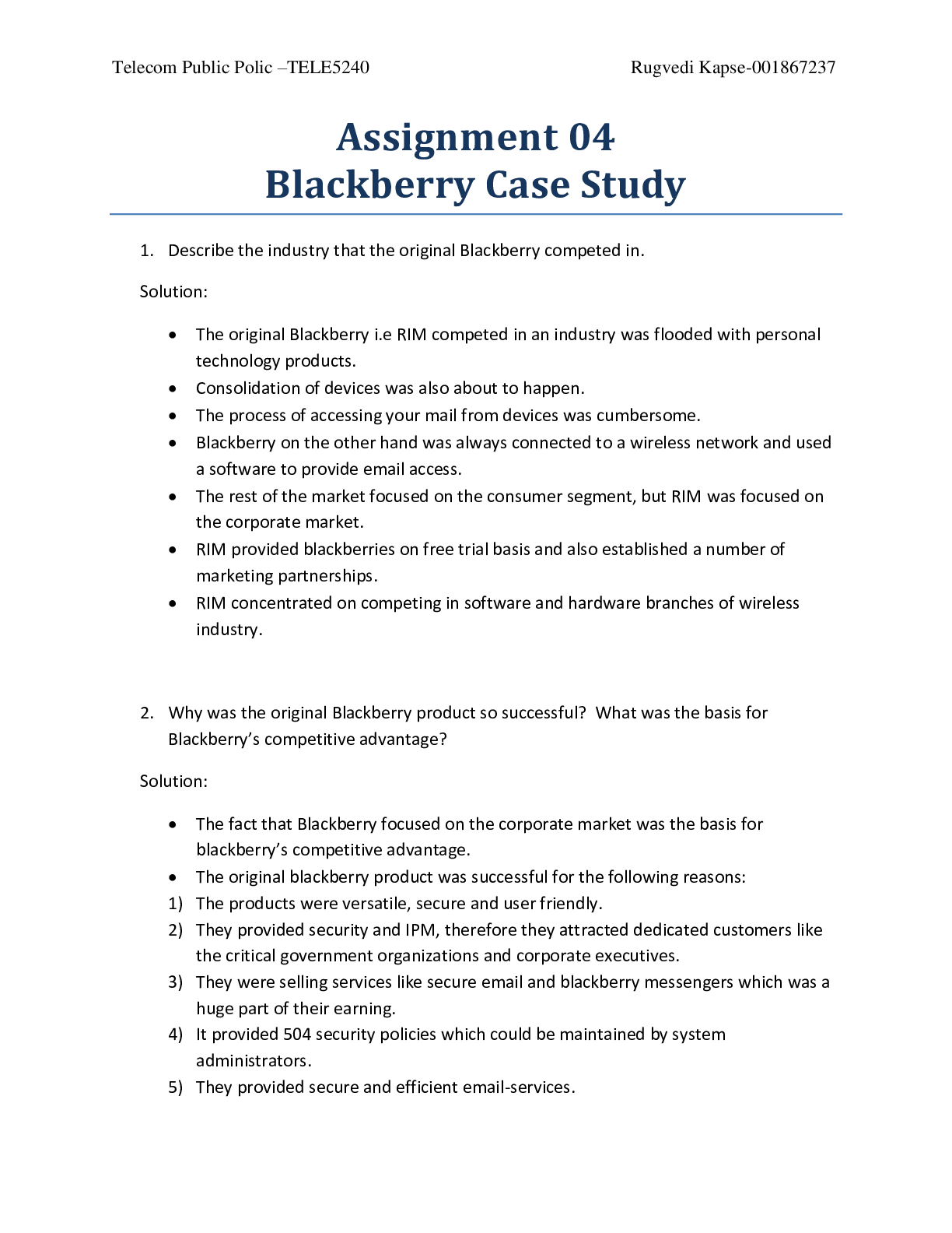 Preview image for Exam > TELE 5240: Assignment 04 Blackberry Case Study