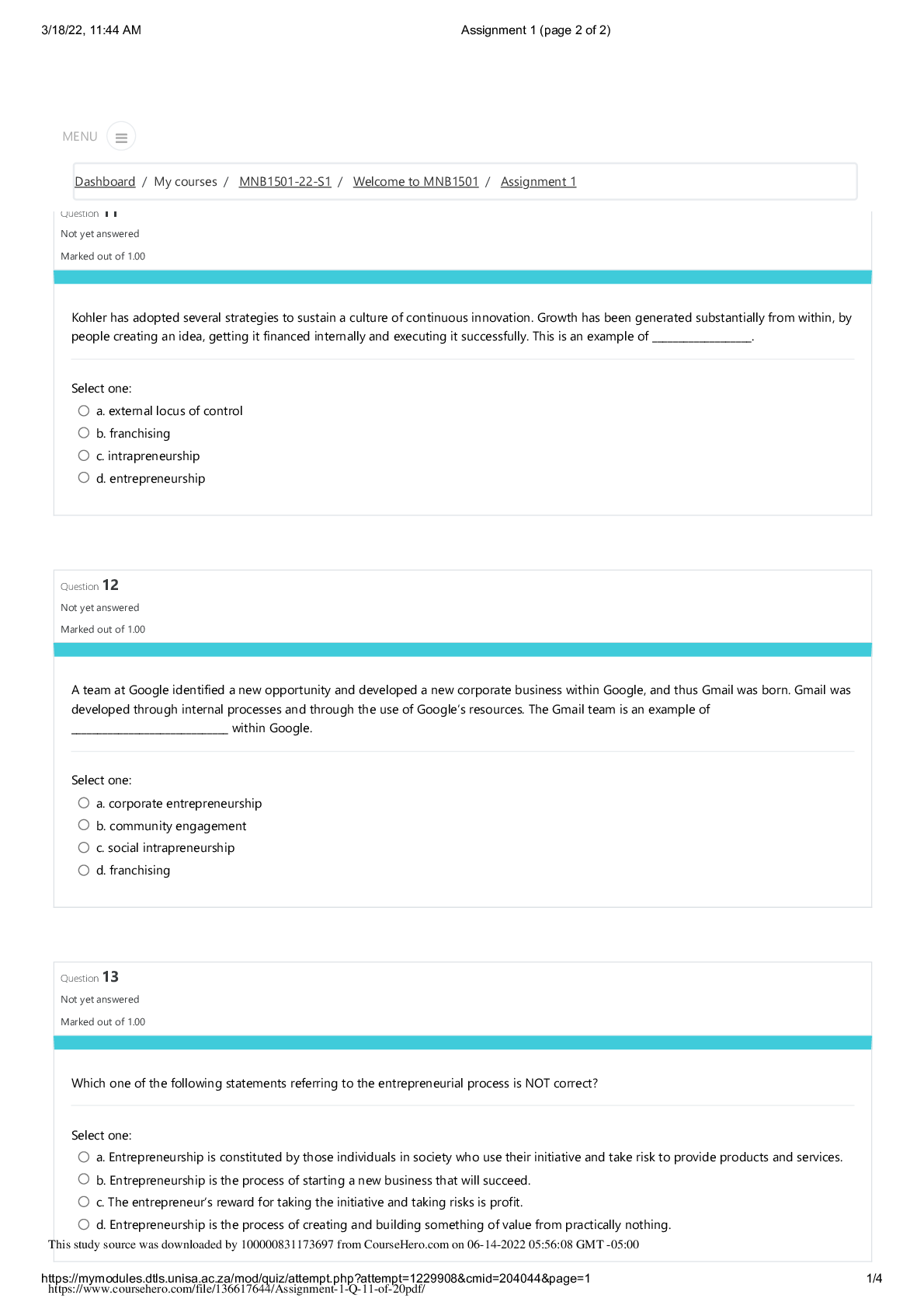 Preview image for MNB1501 / Assignment 1