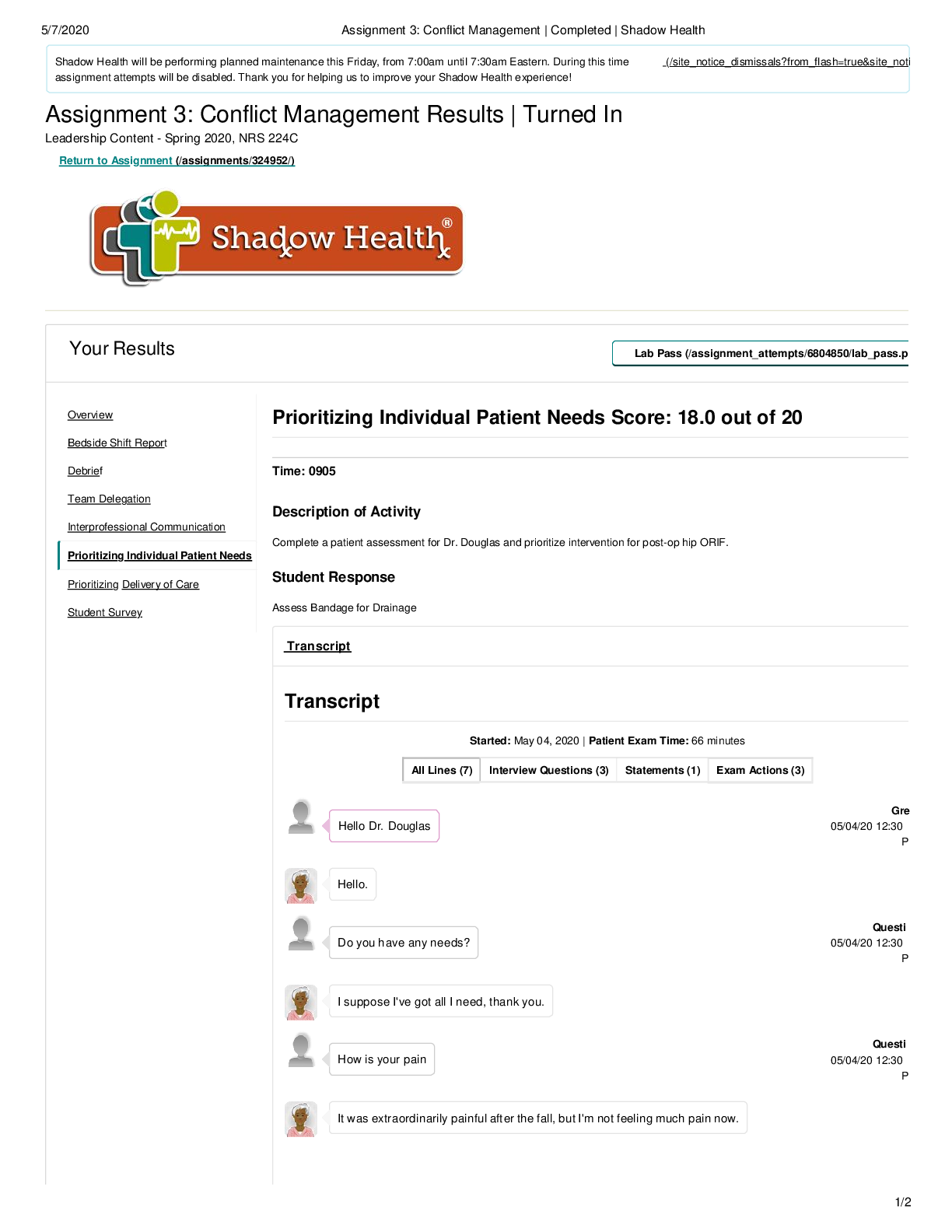 Preview image for Assignment 3: Conflict Management Results | Turned In-Prioritizing Individual Patient Needs Score: 18.0 out of 20