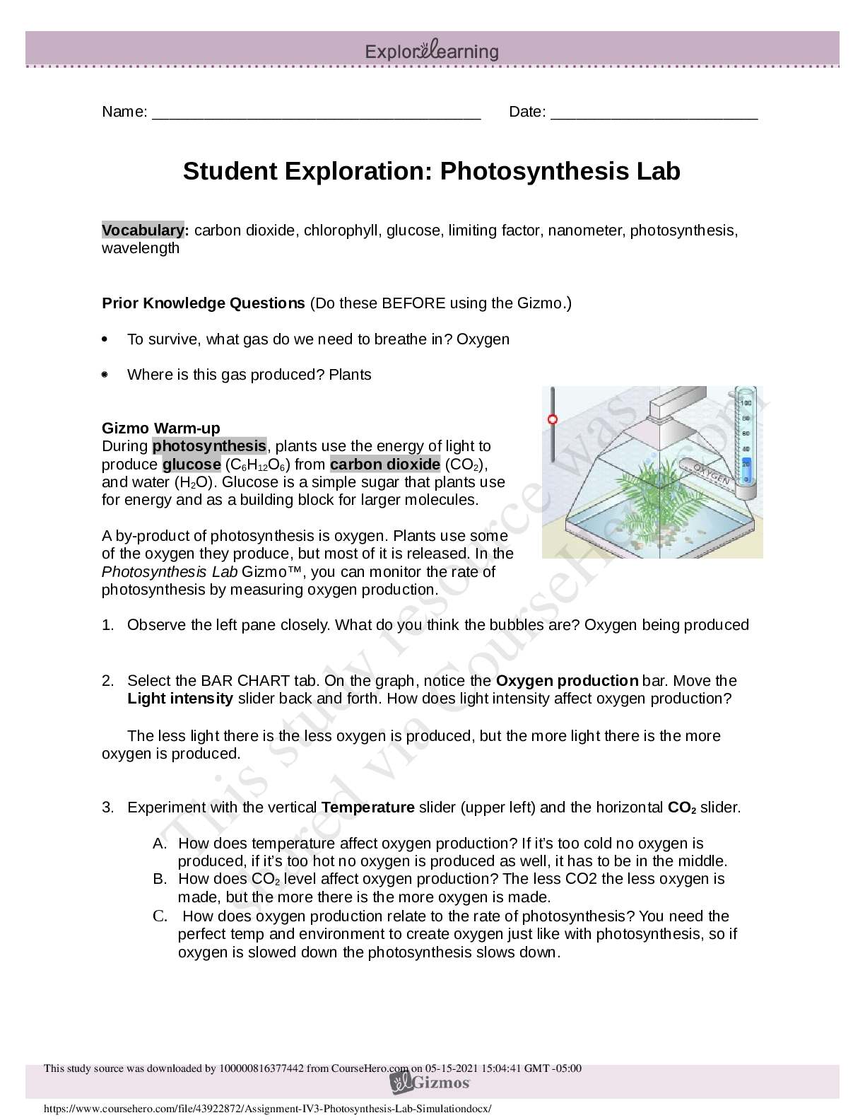 Preview image for Assignment IV.3 Photosynthesis Lab Simulation.