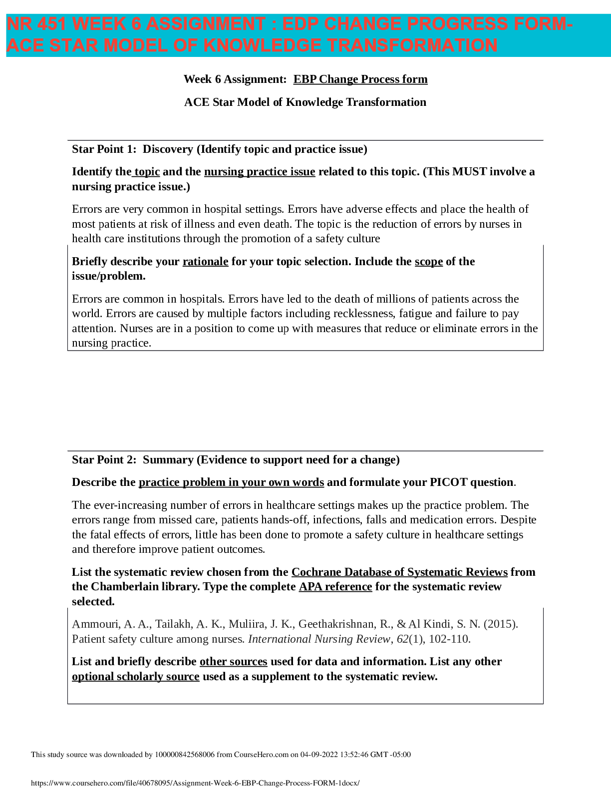 Preview image for NR 451 Week 6 Assignment Evidence Based Practice Change Process 100% UPDATED| SUMMER 2019-2021