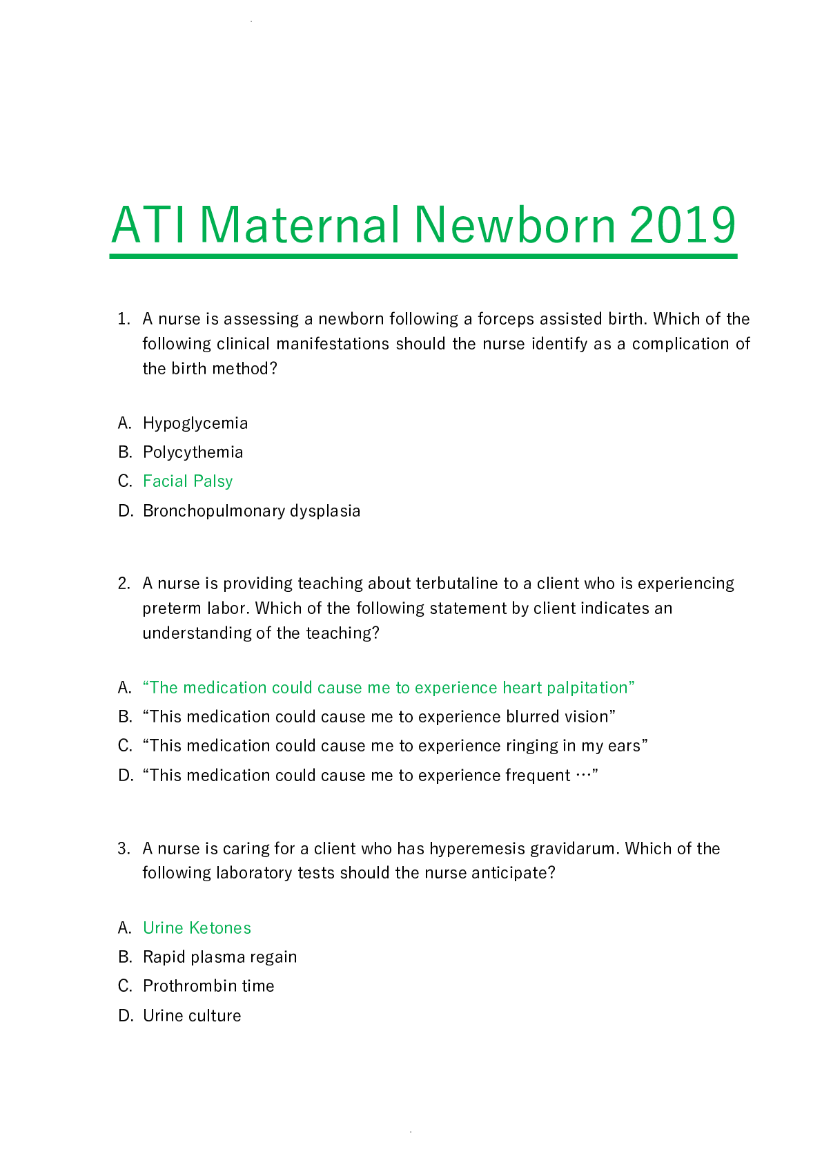 Preview of Ati Maternal Newborn proctored 2019