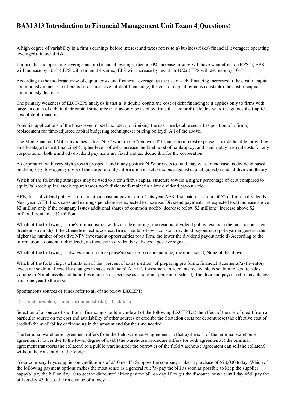 Preview image for BAM 313 Introduction To Financial Management Unit Exam 4