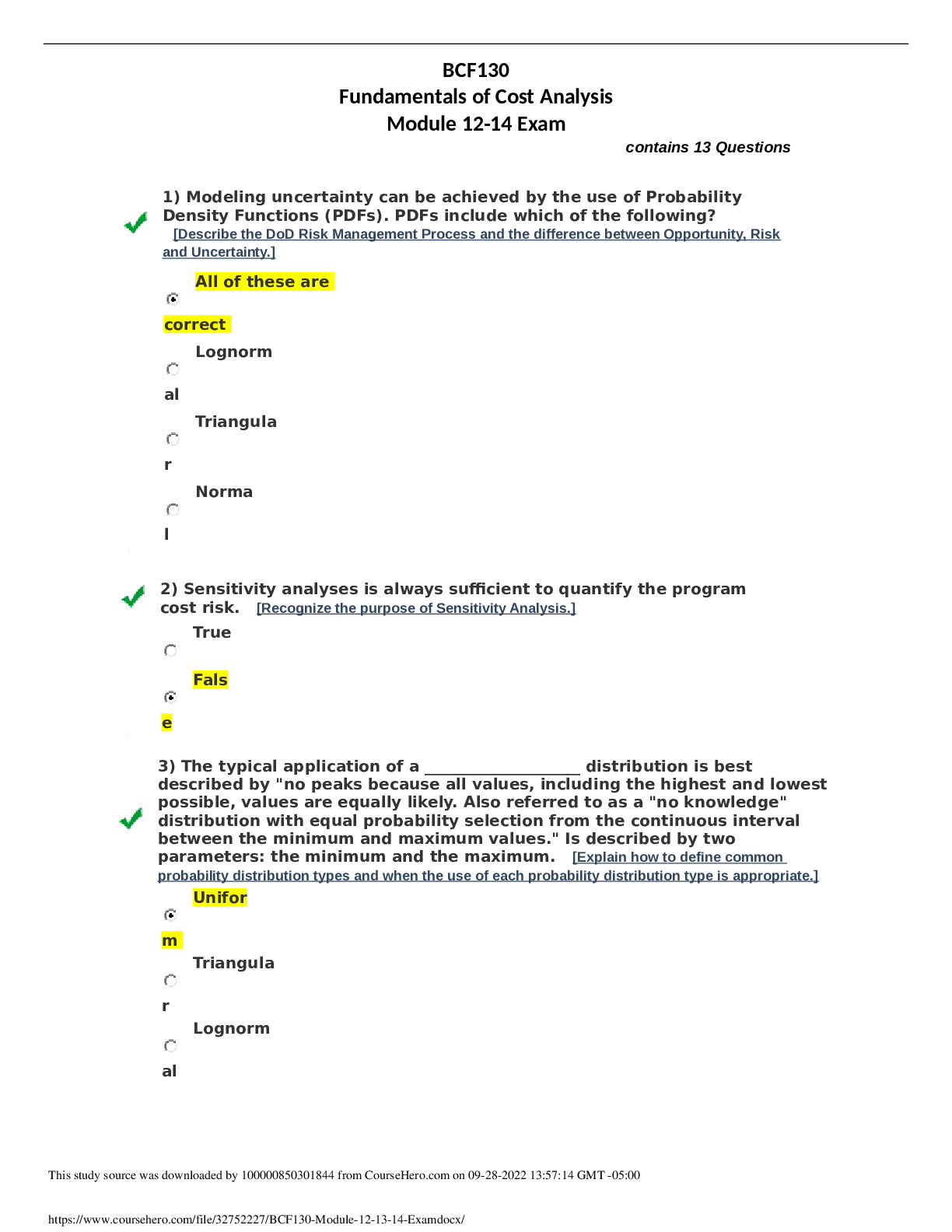 Preview image for BCF130 Fundamentals of Cost Analysis Module 12-13-14 Exam | Defense Acquisition University