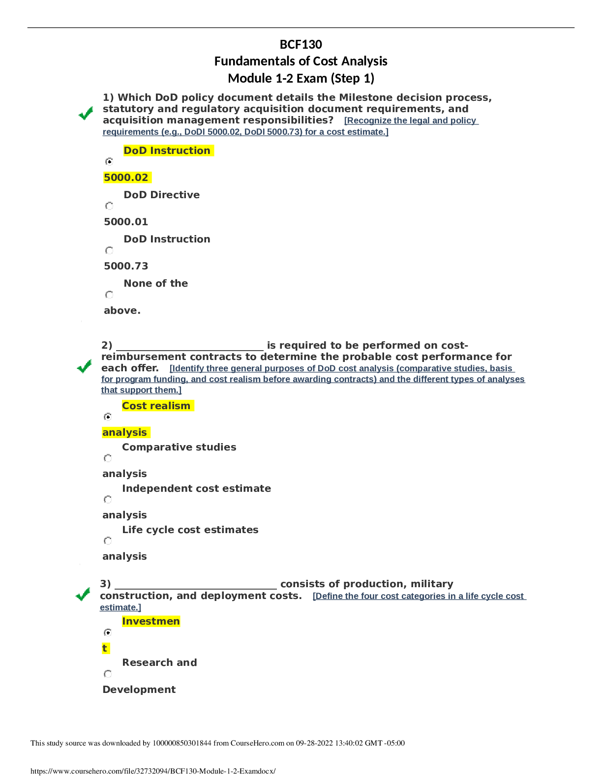 Preview image for BCF 130 Fundamentals of Cost Analysis Module 1-2 Exam (Step 1) | Defense Acquisition University