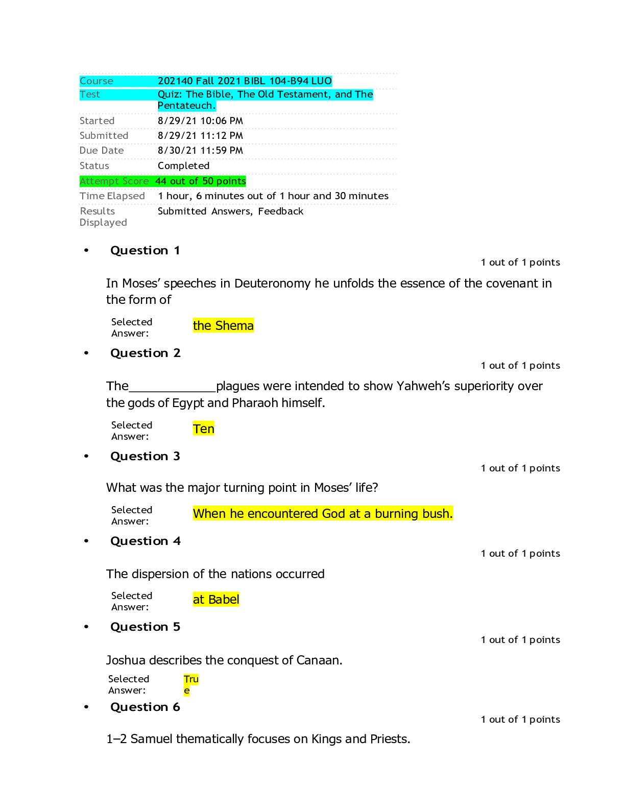 Preview image for 202140 Fall 2021 BIBL 104-B94 LUO (ASSUERED A) <100% CORRECT> GRADED A+ | LATEST SOLUTIONS |