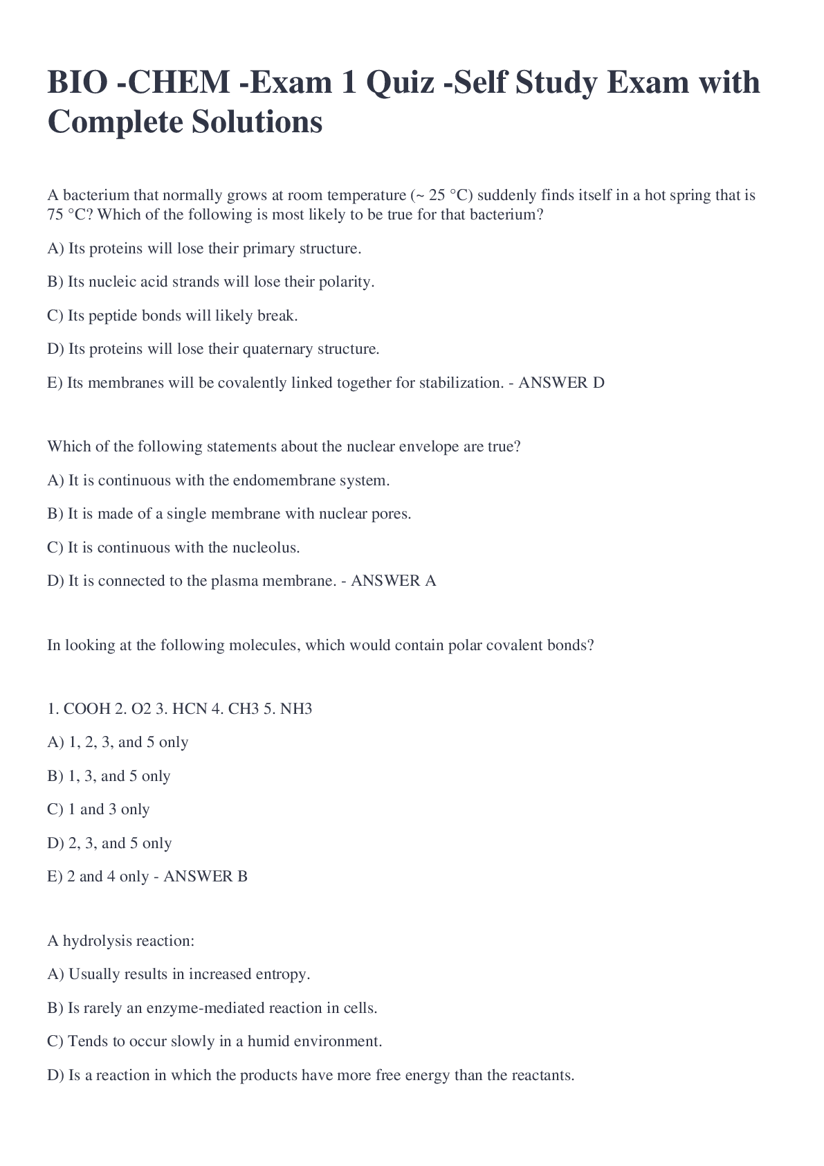 Preview image for BIO -CHEM -Exam 1 Quiz -Self Study Exam with Complete Solutions