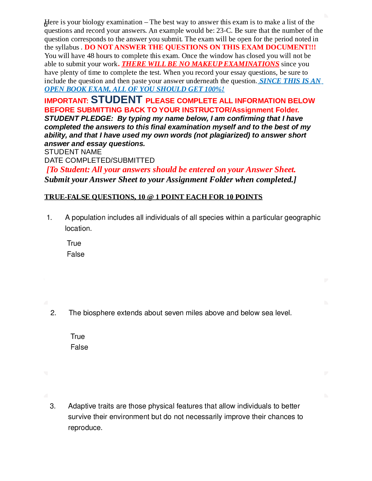 Preview of University of Maryland, University College BIO 101BIO101_FINAL_1206