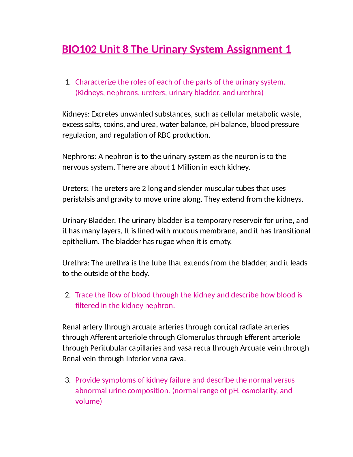 Preview of BIO102/ BIO 102 Unit 8 The Urinary System Assignment (answered) / BIO 102 Unit 8 The Urina