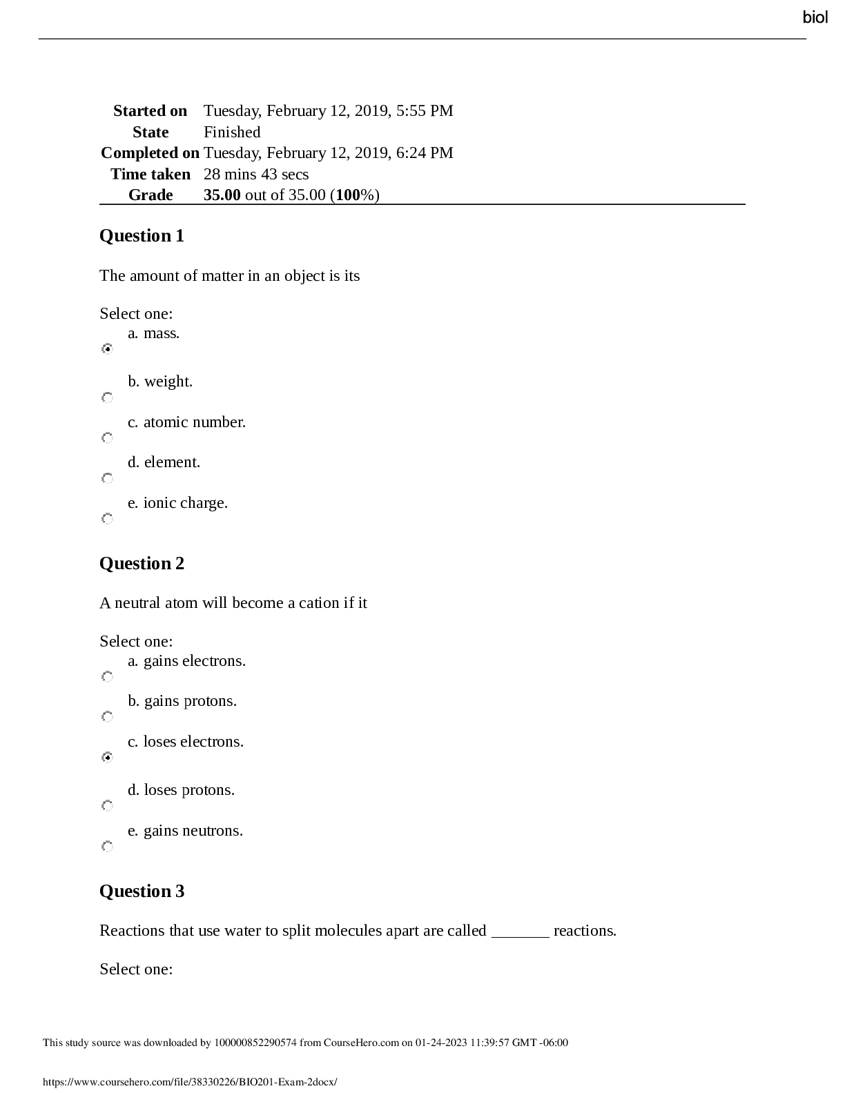 Preview image for BIO201 Exam 2