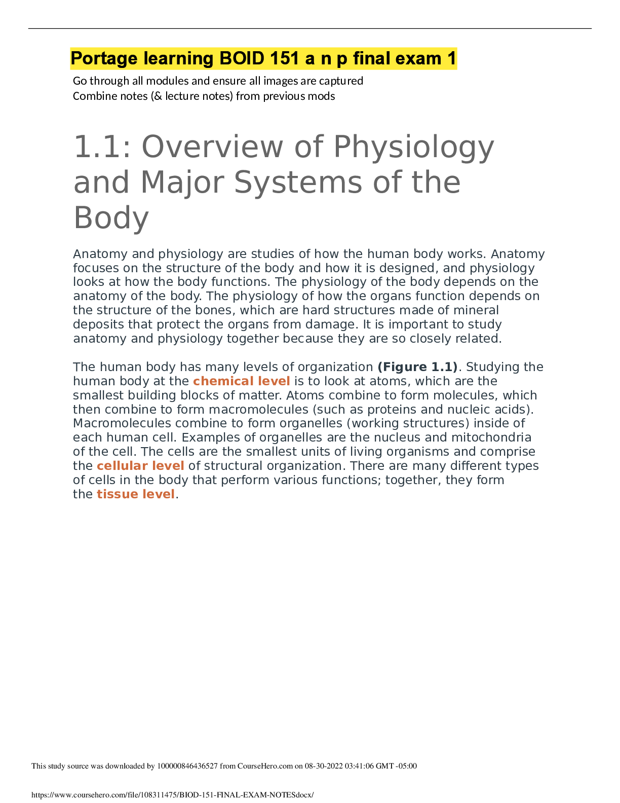 Preview image for Portage learning BOID 151 a n p final exam 1