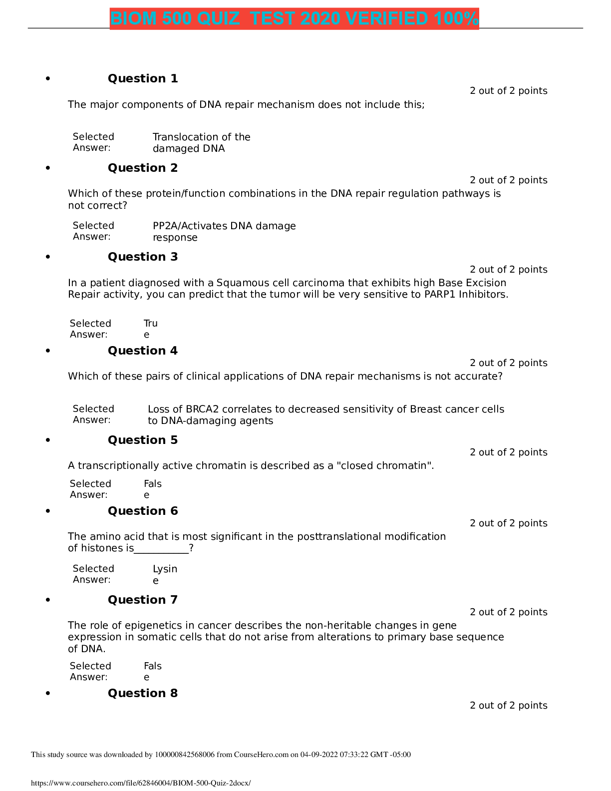Preview image for BIOM 500 QUIZ 2 TEST SOLUTION DOC WITH VERIFID AND GRADED ANSWERS