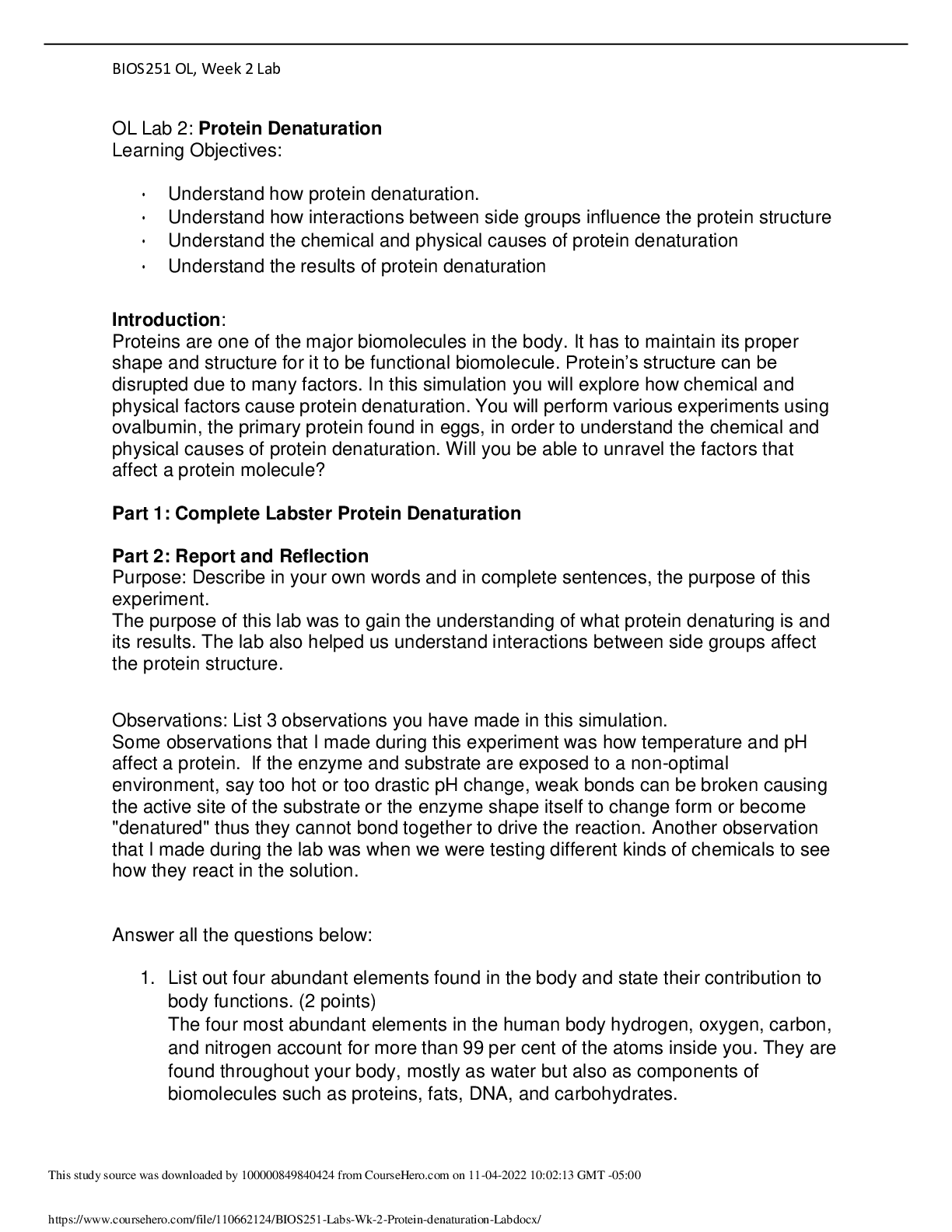 Preview image for BIOS-251 Week 2 Lab Assignment: Protein Denaturation (Already GRADED A)