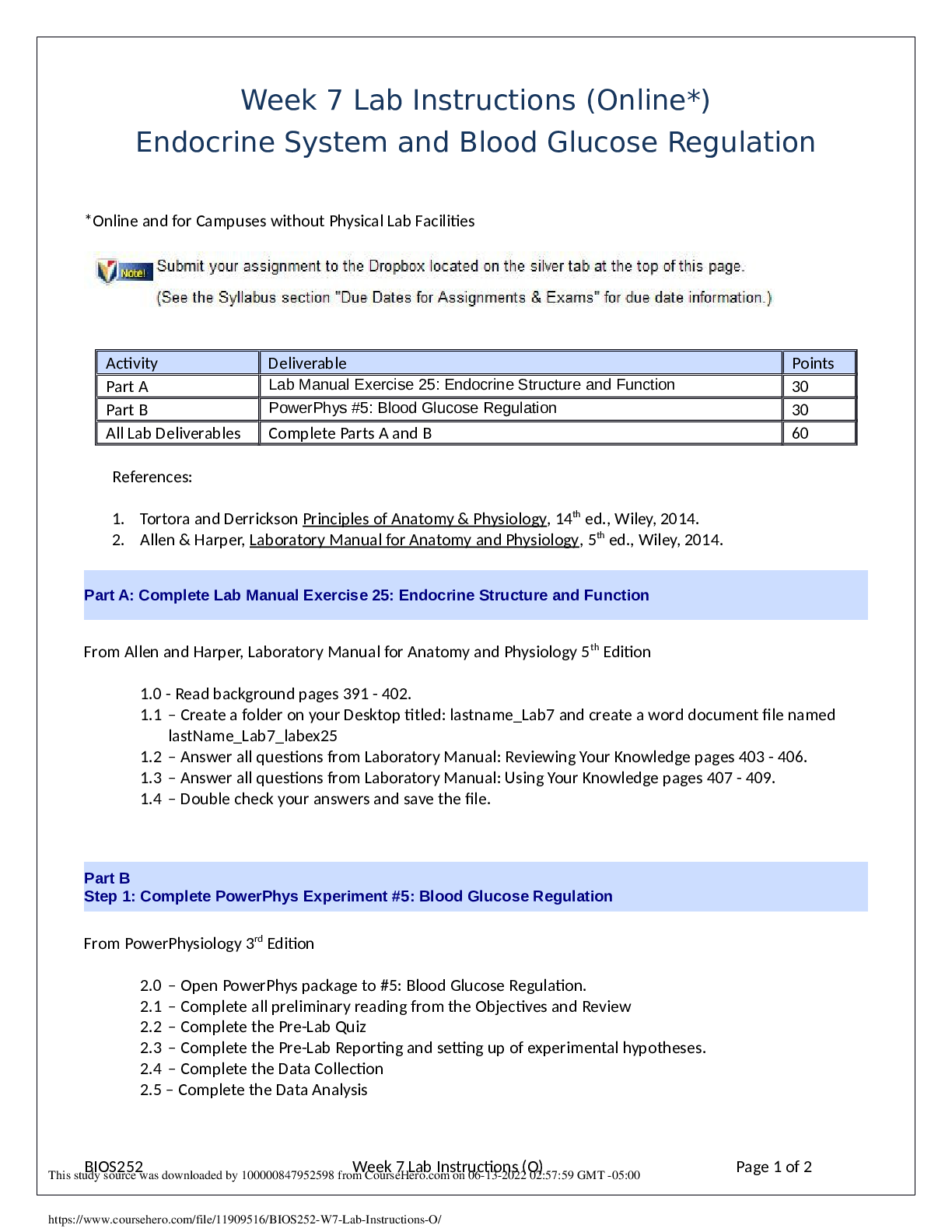 Preview image for BIOS 252 Unit 7 Lab; Endocrine System Blood Glucose Regulations