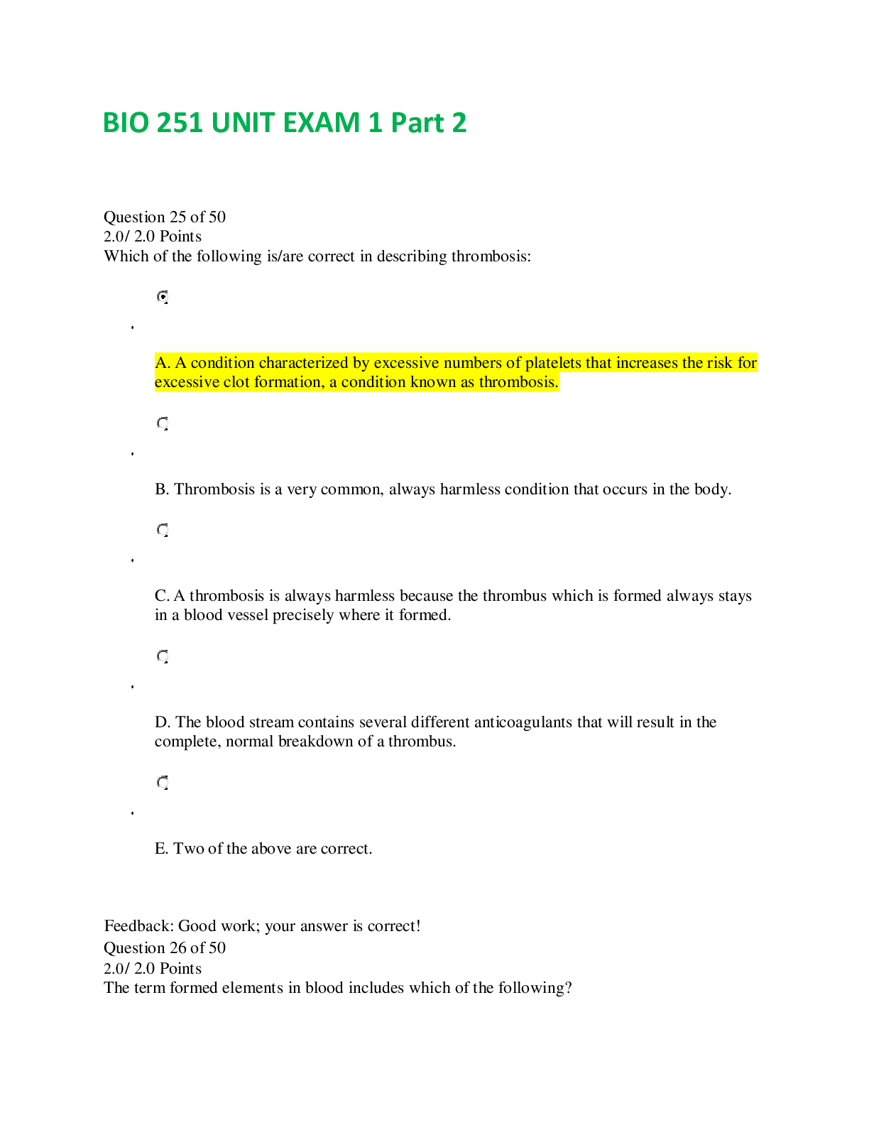 Preview of BIO 251 UNIT EXAM 1 Part 2 (GRADED A) /100% VERIFIED | American Military University