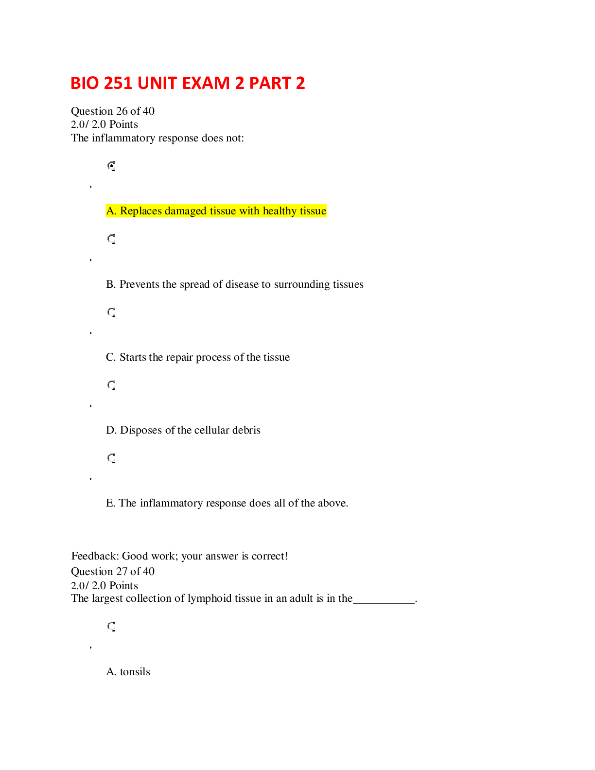 Preview of BIO 251 UNIT EXAM 2 PART 2| Question 26 of 40| American Military University