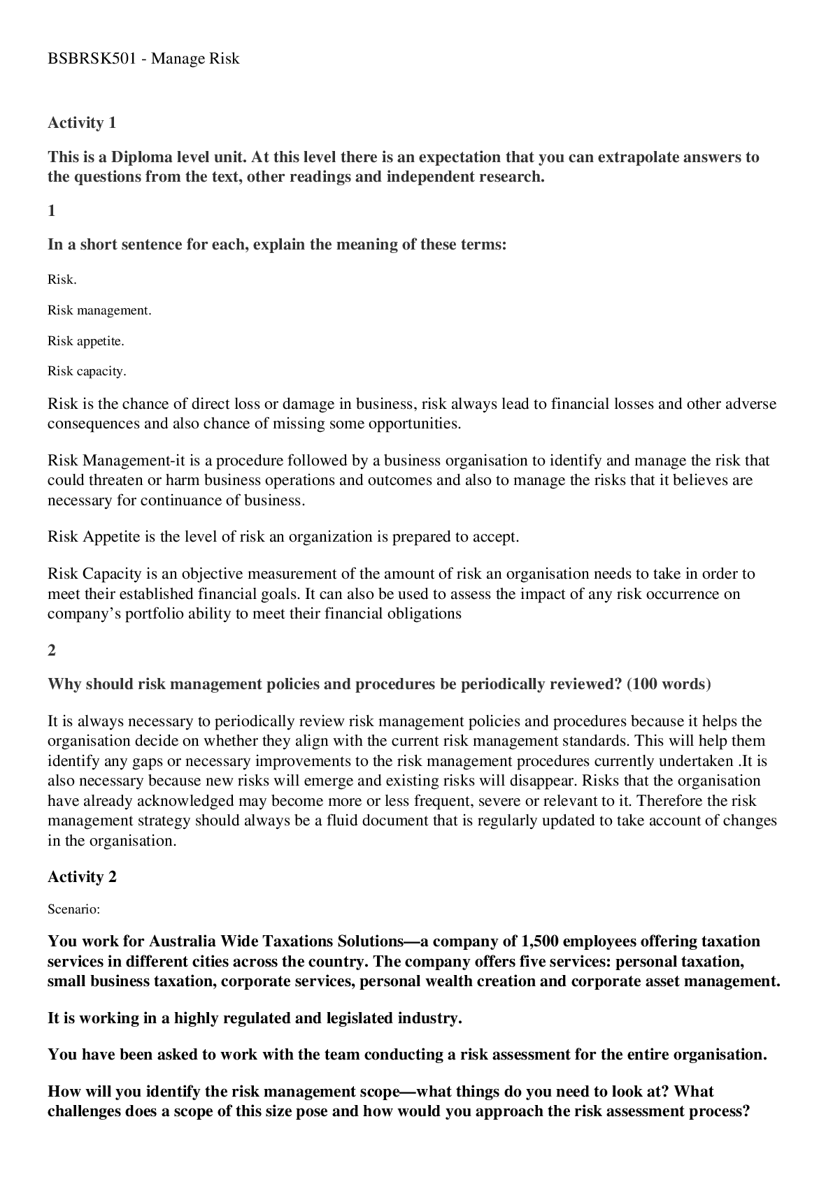 Preview of BSBRSK501 Manage Risk Formative Assessment