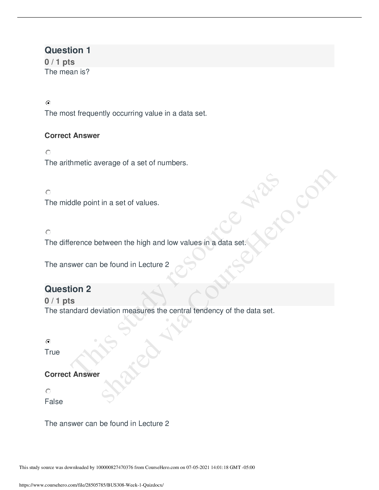 Preview of BUS 308 statistics for managers Week 1 Quiz | Complete Solutions
