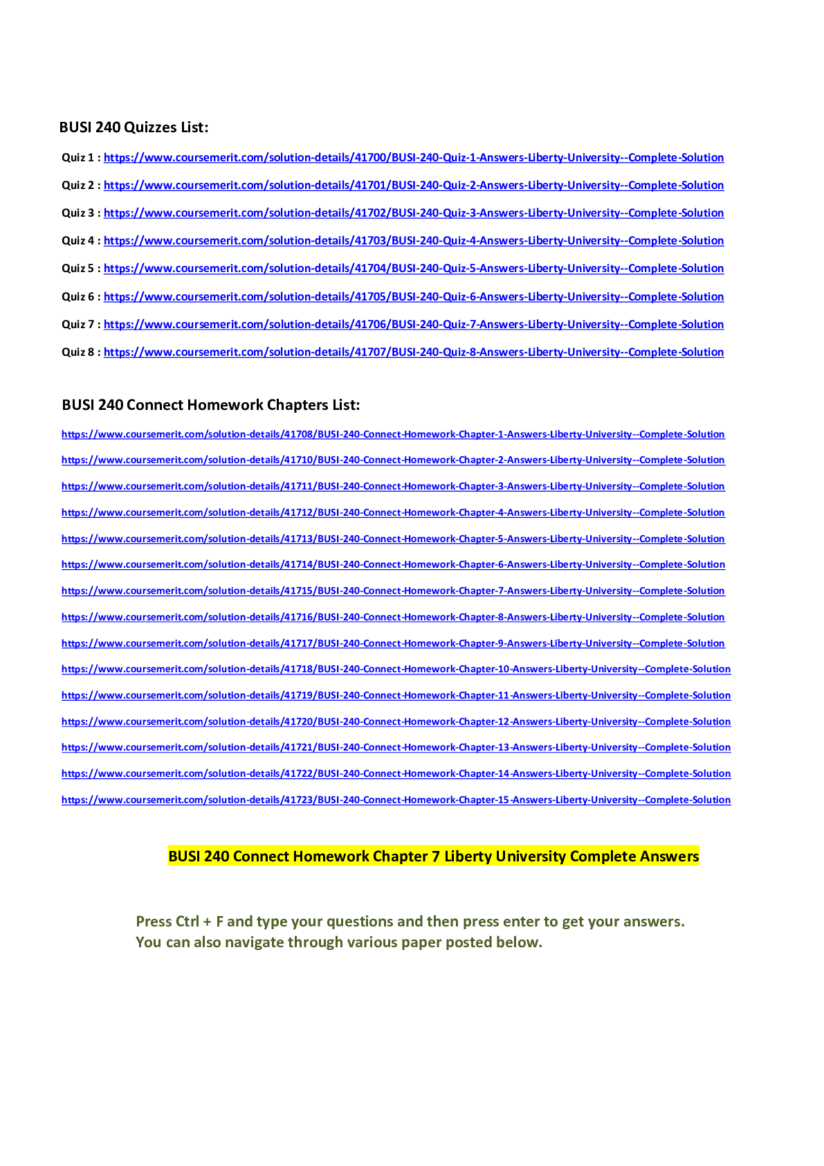 Preview image for BUSI 240 Connect Homework Chapter 7 Liberty University Complete Answers