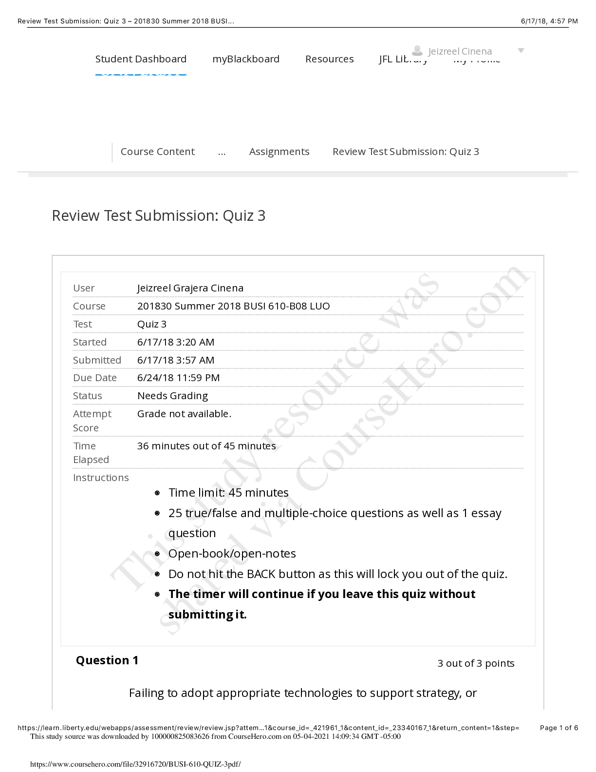 Preview image for [Solved] Liberty University BUSI 610 Quiz 2