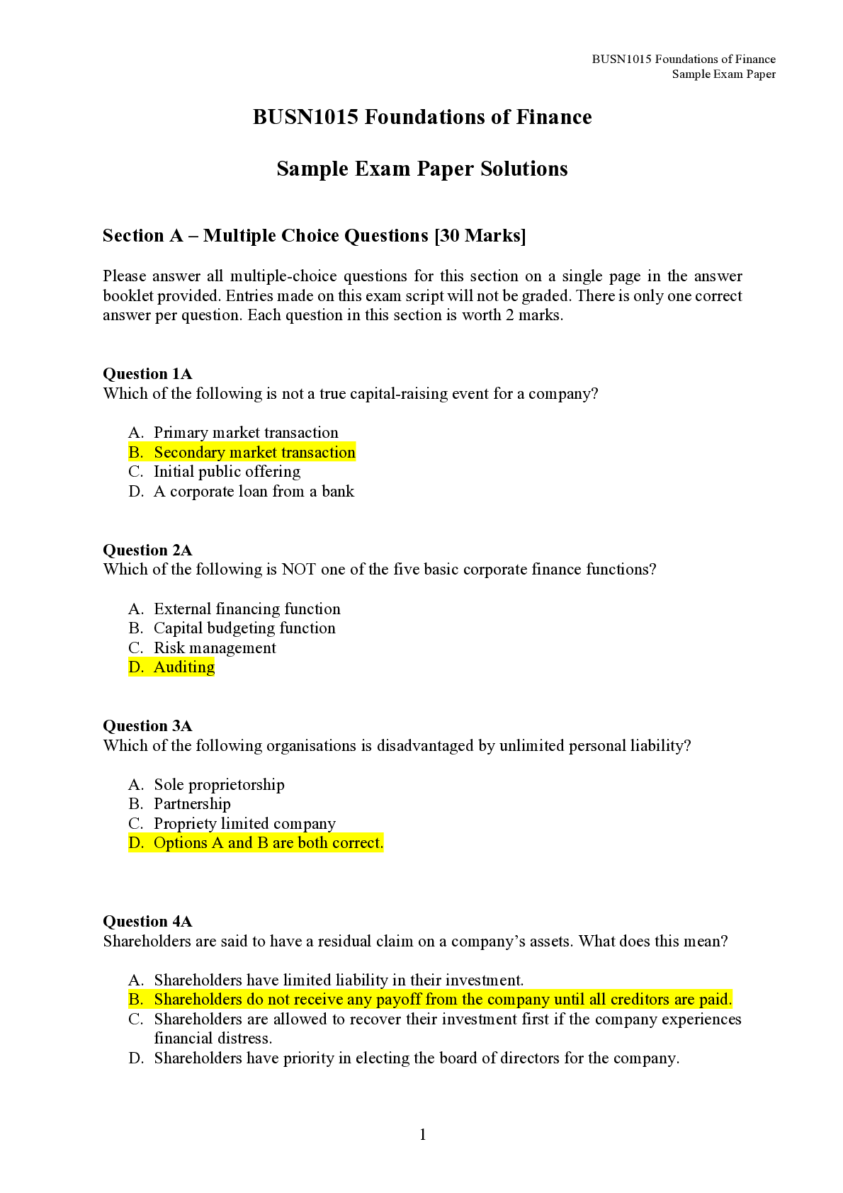 Preview image for BUSN1015 Foundations of Finance Sample Exam Paper Solutions