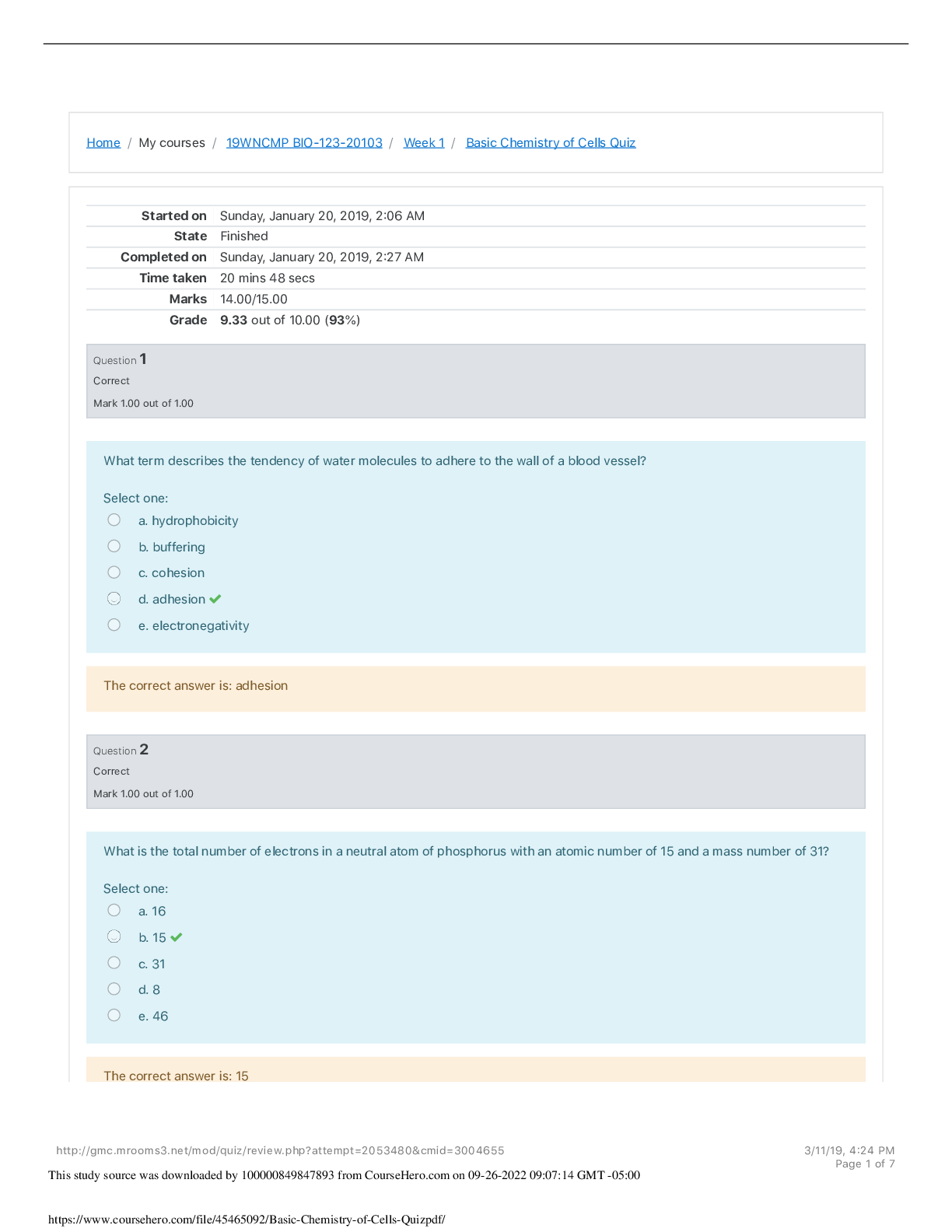 Preview image for Georgia Military College  BIO 123 Basic Chemistry of Cells Quiz. Grade 9.33 out of 10.00 (93%)