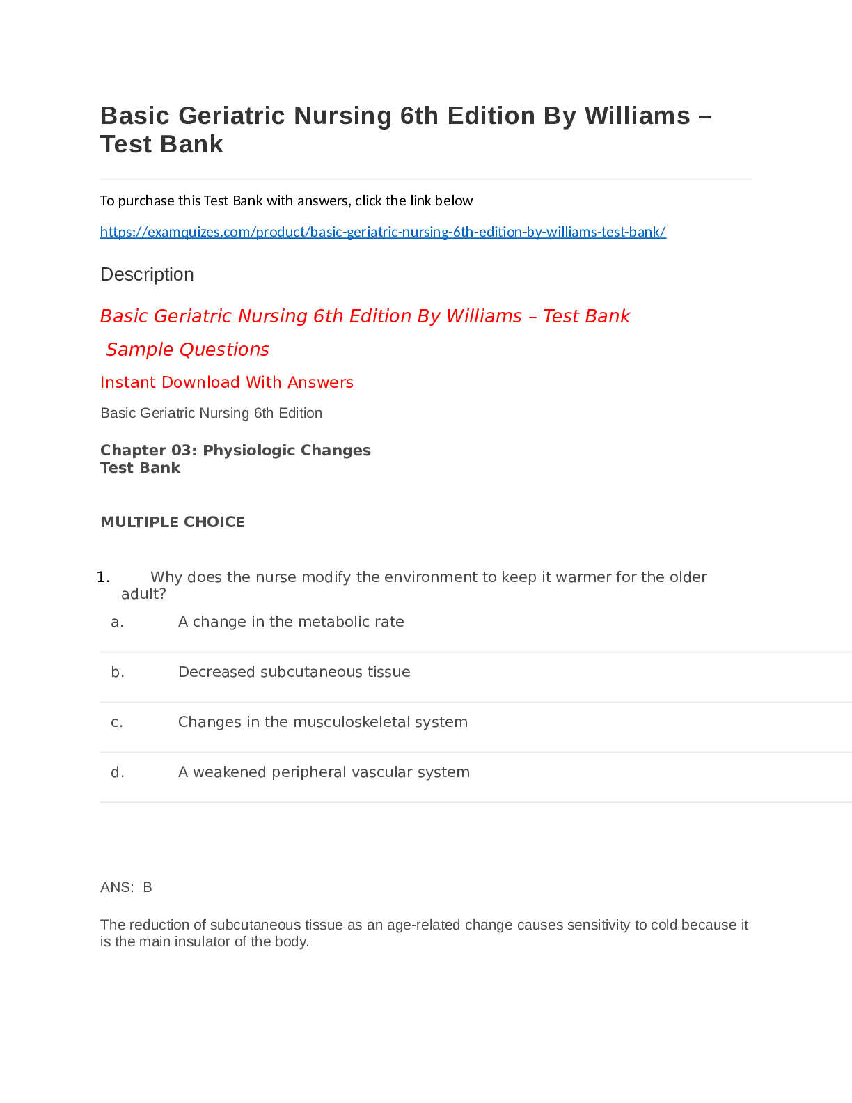 Preview of TEST BANK FOR BASIC GERIATRIC NURSING 6TH EDITION BY WILLIAMS