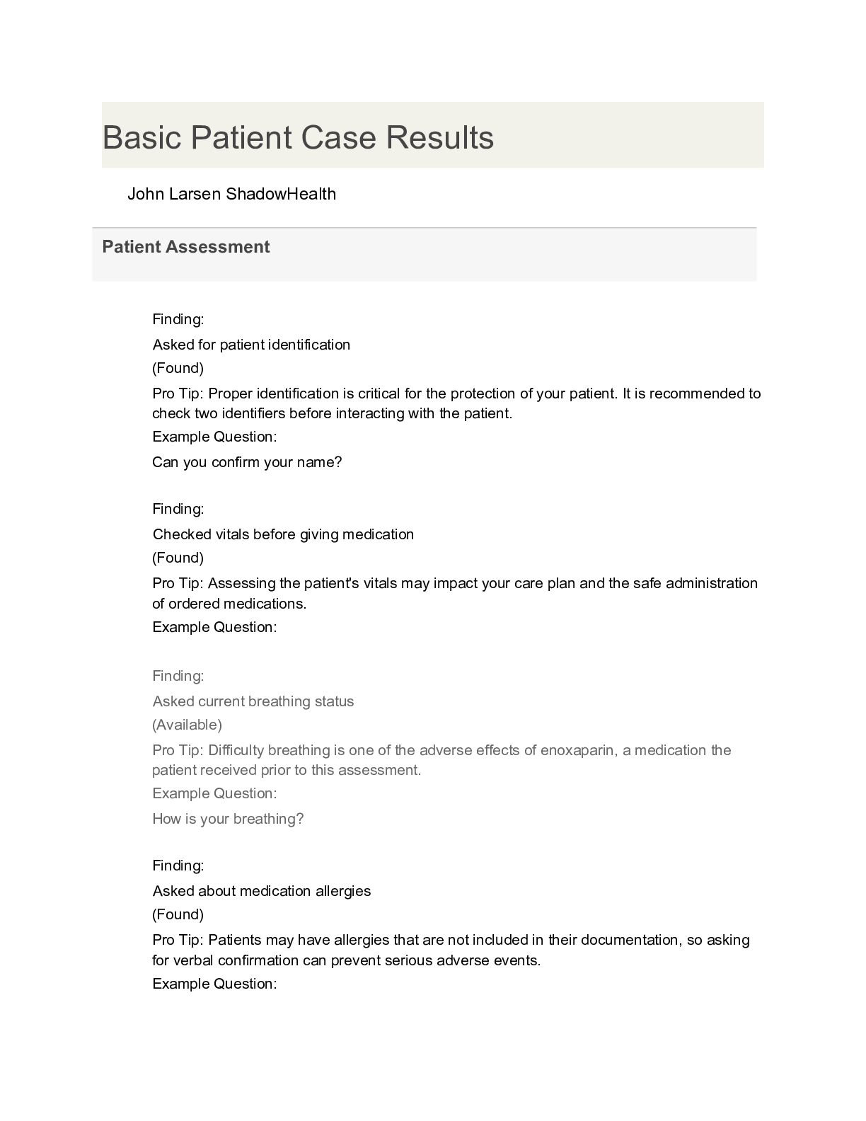 Preview image for Basic Patient Case Results John Larsen ShadowHealth Patient Assessment