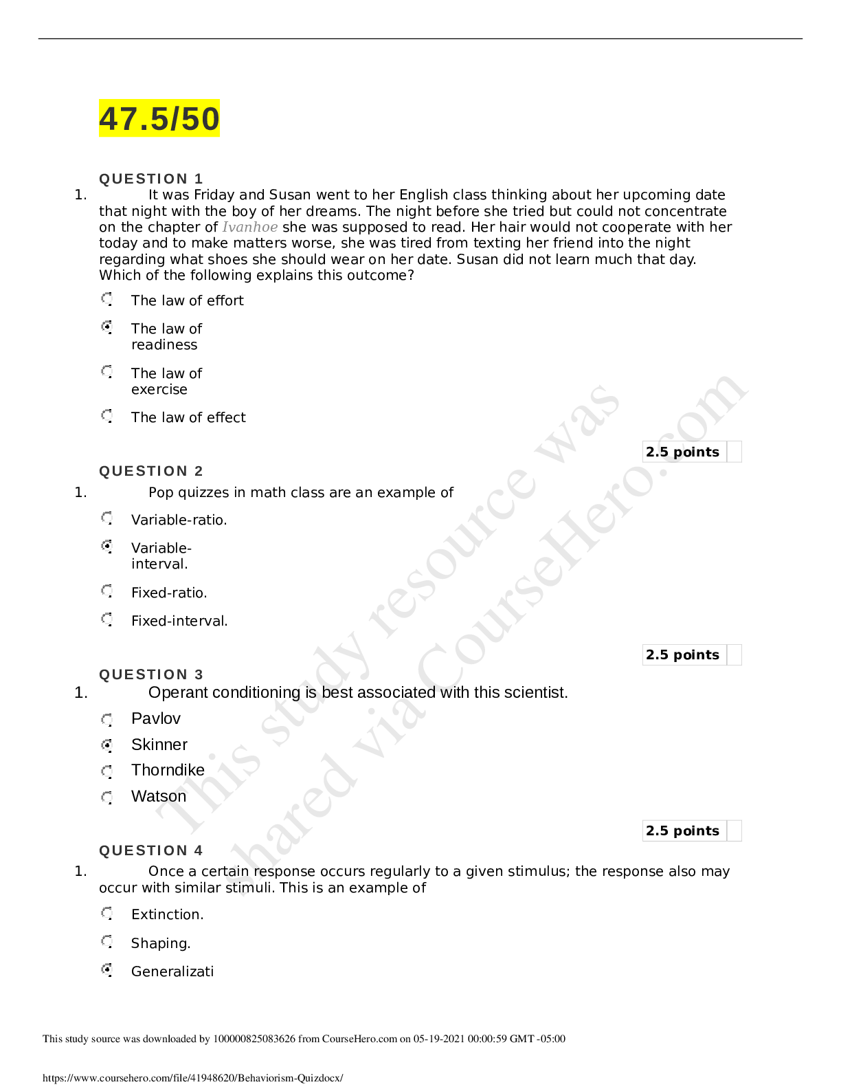 Preview image for EDUC 701 Behaviorism Quiz 1 Questions and Answers {Score 47.5/50}